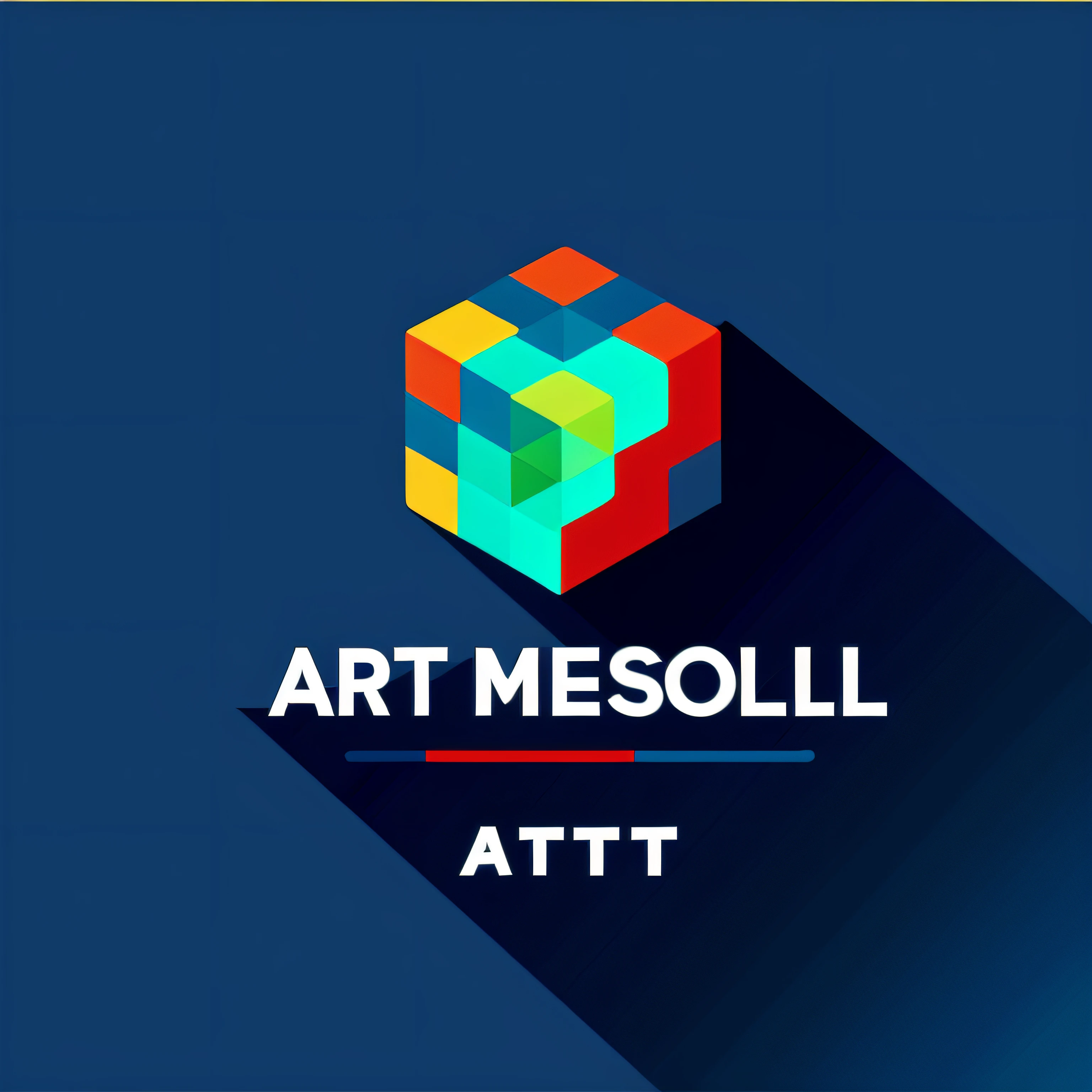 Best company logo, technology logo, cube logo, earth logo, brain logo, chain logo, badge logo, cube vector, circle vector, white background, logo vector, brand logo, text below, keep text, clear image, central axis, detailed, logo, vector, line art, type, vector, icon, symbol, design, signs inspiration, symbol of art inside cube|earth|circle, modern font, texture, vector, colors: blue and red, minimalist, simplified, (((artsoul)))