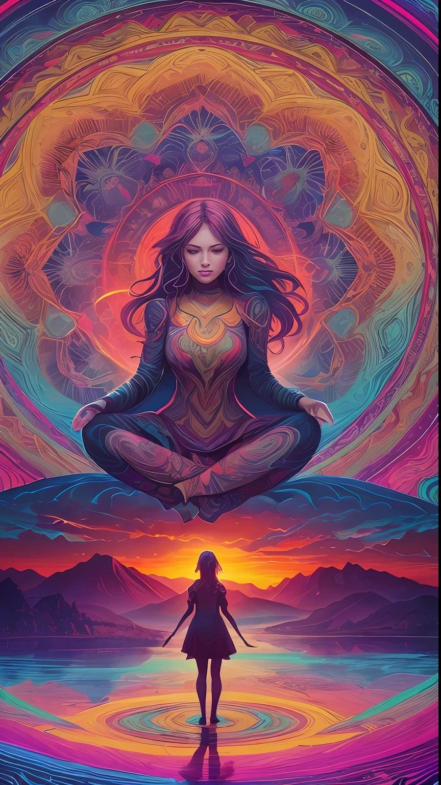 woman over 22 years of age looking at zenith, meditating, arms wide open, cinematic, 4k ultra, beautiful face, ((full body)), detailed, perfect fingers, beautiful woman: 1.3, beautiful face with good sharpness, saturated colors, psychedelic image, LSD, mandala, fractral, 3D depth, dan mumford and alex grey style, sunset psychedelic, kilian eng vibrant colours, psychedelic landscape, kilian eng vibrant colors, dan mumford and albert bierstadt, official artwork, in the style dan mumford artwork, dan mumford paint, jen bartel, psychedelic art style, mythical floral hills --auto --s2