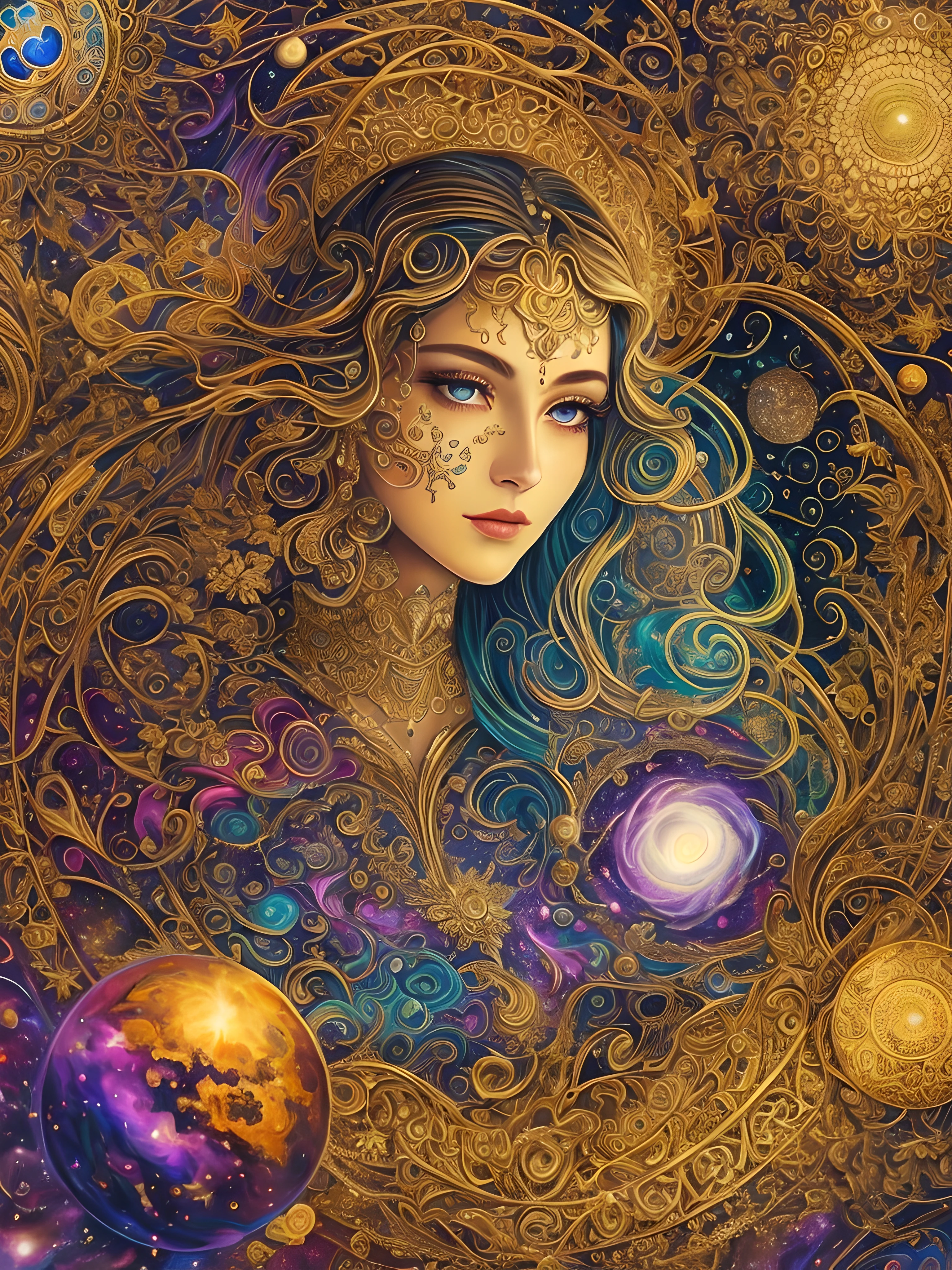 a painting of a woman with a golden head and a purple background, portrait of a cosmic goddess, goddess. extremely high detail, goddess art, cosmic goddess, detailed fantasy digital art, goddess portrait, intricate digital painting, celestial goddess, extremely detailed goddess shot, goddess of space and time, goddess of galaxies, intricate fantasy painting, intricate beautiful painting, ornate galactic gold