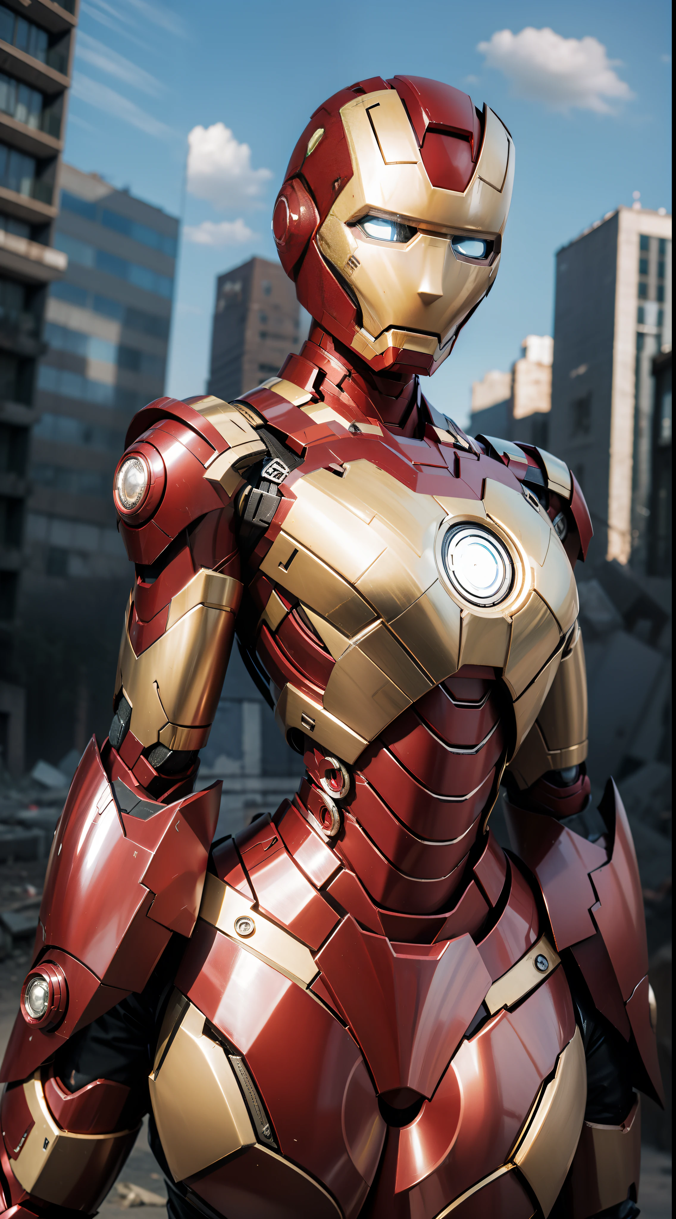 Masterpiece, best quality, female head, female version of Iron Man's body, background city ruins, sky background, battle damage