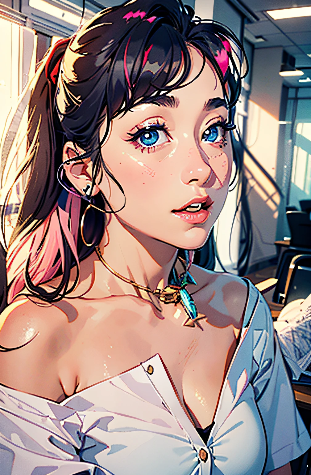 The face of the girl in the picture,HD meticulous(CG),Ultra HD 8k wallpaper(masterpiece), The best light and shadow(best illumination),The shadows are delicate(best shadow),A blue-eyed(girl with blue eyes)Girl with long black hair,Sit in front of floor-to-ceiling windows(At the desk)Play with your phone(fiddling with her phone),Lazy and delicate(delicate and lazy),Long pink hair(pink long curly hair),Thin nose bridge,The lips are red and the teeth are white, The upper body is slightly tilted on the back of the chair,office room(scenery prompt)The atmosphere inside is fresh and refreshing,There is a certificate on the wall,There are notebooks or folders on your desk,If you communicate with people, use friendly interactions。