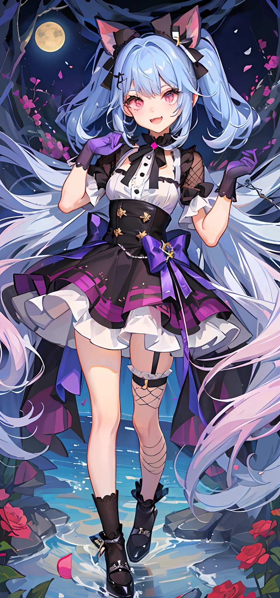 vampiric，fang，Plaid dress，Bow，lolita fashion，Lolita style，Anime girl role play，Lori，lovly， Angelic beauty， Lori， Portrait of Lolita girl， Purple lattice， y 2 k ，Y2K，Emo style，non-mainstream，Red checkered，Mines are girls，Harajuku style，Exaggerated dressing，Intricate ornaments，Rock style，Gothic style，rivet，耳环，two color hair，Pink and blue hair，Purple plaid skirt，Half-cut gloves，Leg Ring，Suspenders，Metal jewelry，skeletons，Love，blood，Maniacal laughter，Sick，fishnet stockings，Unilateral eye patch，crosses，Moonlit Night，Thorny rose，Dramatic composition，volumettic light