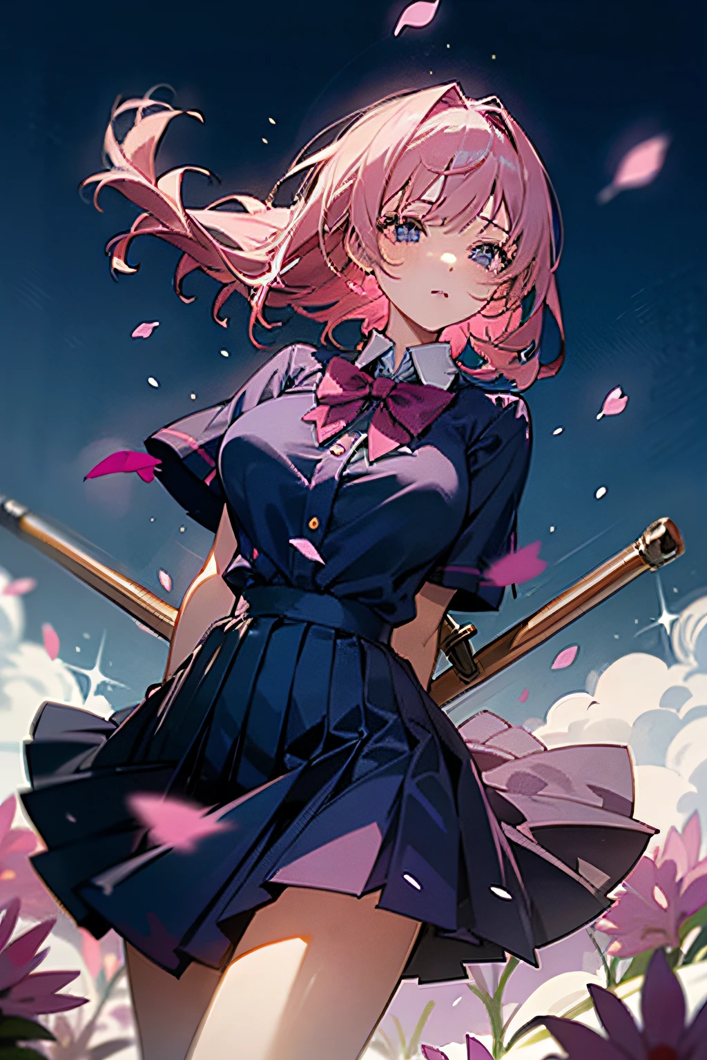 softlighting,1girl huge large breasts,(Short-sleeved jack_shirt),JK_Style,(Dark Blue Jack_Skirt),(Bow Jack_tie),A breeze blows pink petals,Sparkle