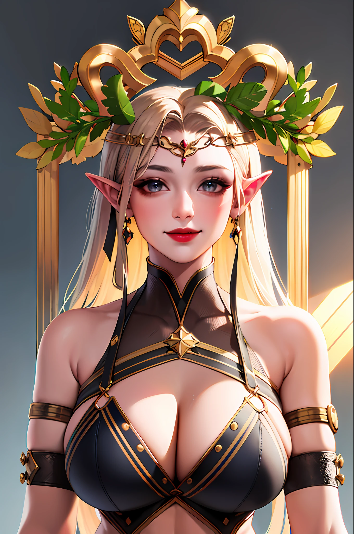 (A masterpice:1.4)、(beste-Quality:1.4)、
1girl in, armlet, bare shoulder, blonde hair, blushful, A bracelet, 가슴, circlet, elvish, verd s eyes, Wreath on the head, giant breast, jewlery, a large breast, length hair, looking at the viewers, Belly Navel, O-ring, o-ring top, pointy ear, simple background, a smile, 独奏, extra very long hair, ,Realstic,(shinny skin),(A masterpice:1.4),(beste-Quality:1.4),red-lips