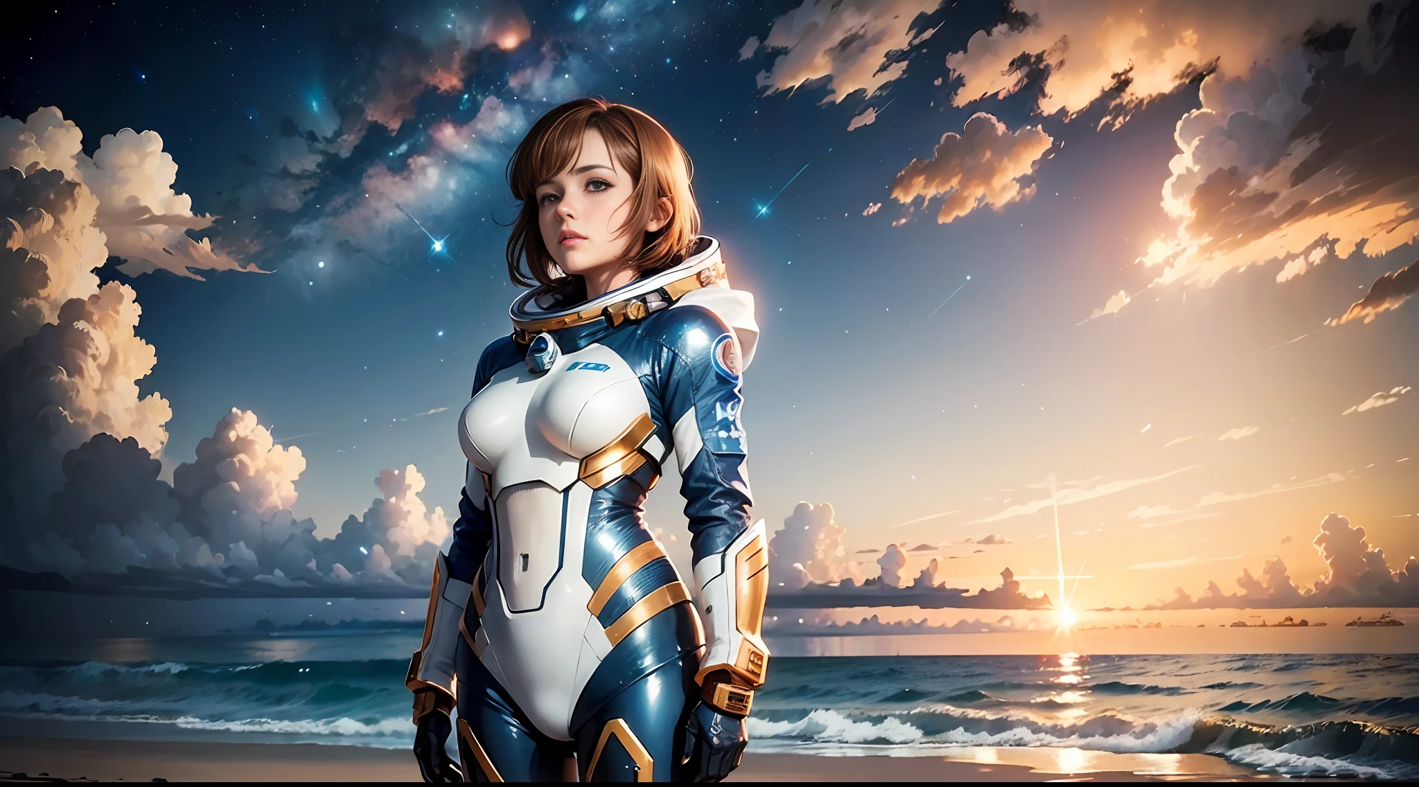 ((woman standing on the beach)), detailed anime face, mid shot, (chrome golden and blue sci-fi space suit), brown hair, (white clouds), sunset, stars, ships far away in ocean
