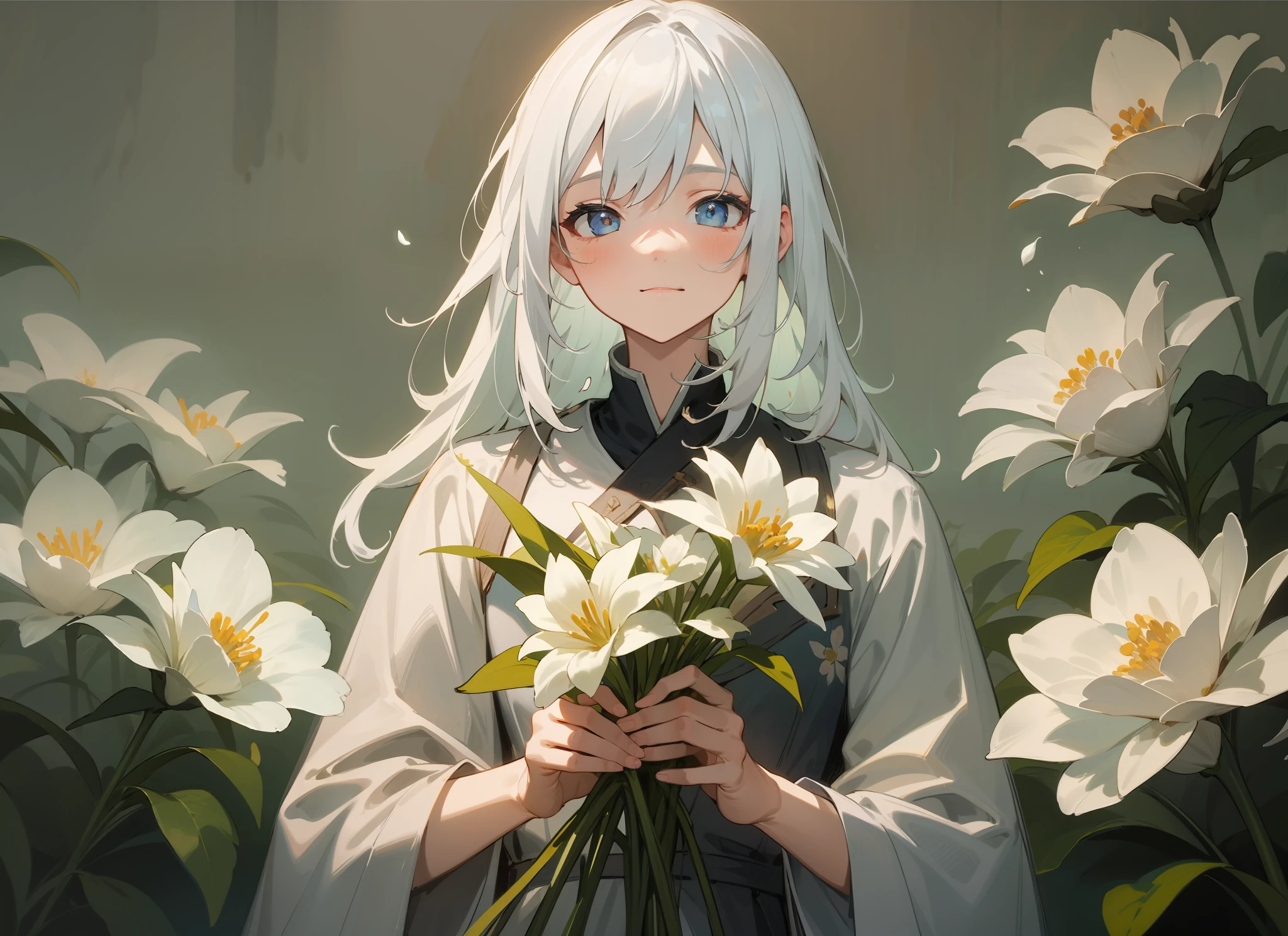 styled， masterpaintings， optimal quality， Special details， illustration，Sweet interaction，Tuuli，florals，Correct proportions，Lover holding flowers，Atmosphere of love，Fresh tones，Simple background，Girls have long white hair，The boy has short white hair，