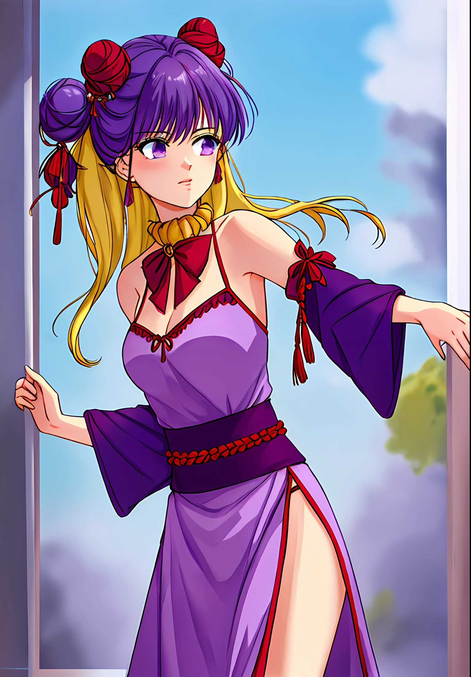 Purple body,Deep purple hair,There is a red bow around the neck,It has a blonde bun on the left side of the head and a tassel hanging from the bottom,The clothes are mainly purple and white,The head hangs mostly to the left,There was a breeze,Two-dimensional,Inker strokes,female pervert