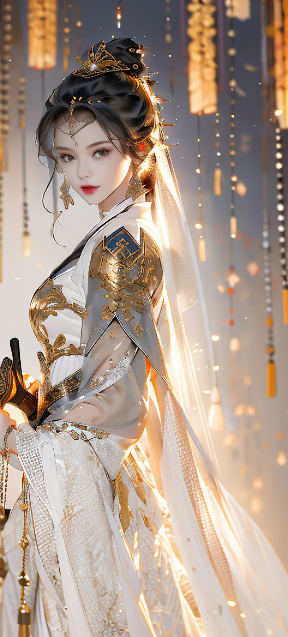 Beautiful details for girls,Very detailed eyes and face,beautiful eyes in detail,Ultra-detailded,high resolucion,Very detailed,The best quality,illustration,exquisite detailing,Best quality,Very detailed CG,8k壁紙,agirl,woods,Long black hair,ponytailhair,Gold ornaments,bangle,(White veil),Beauty of the Western Regions,With a machete,(((White clothes))),peach blossom,Lanterns,complex texture,streamers,Shoulder armor,Armour,,Skirt armor,sophisticated background,
