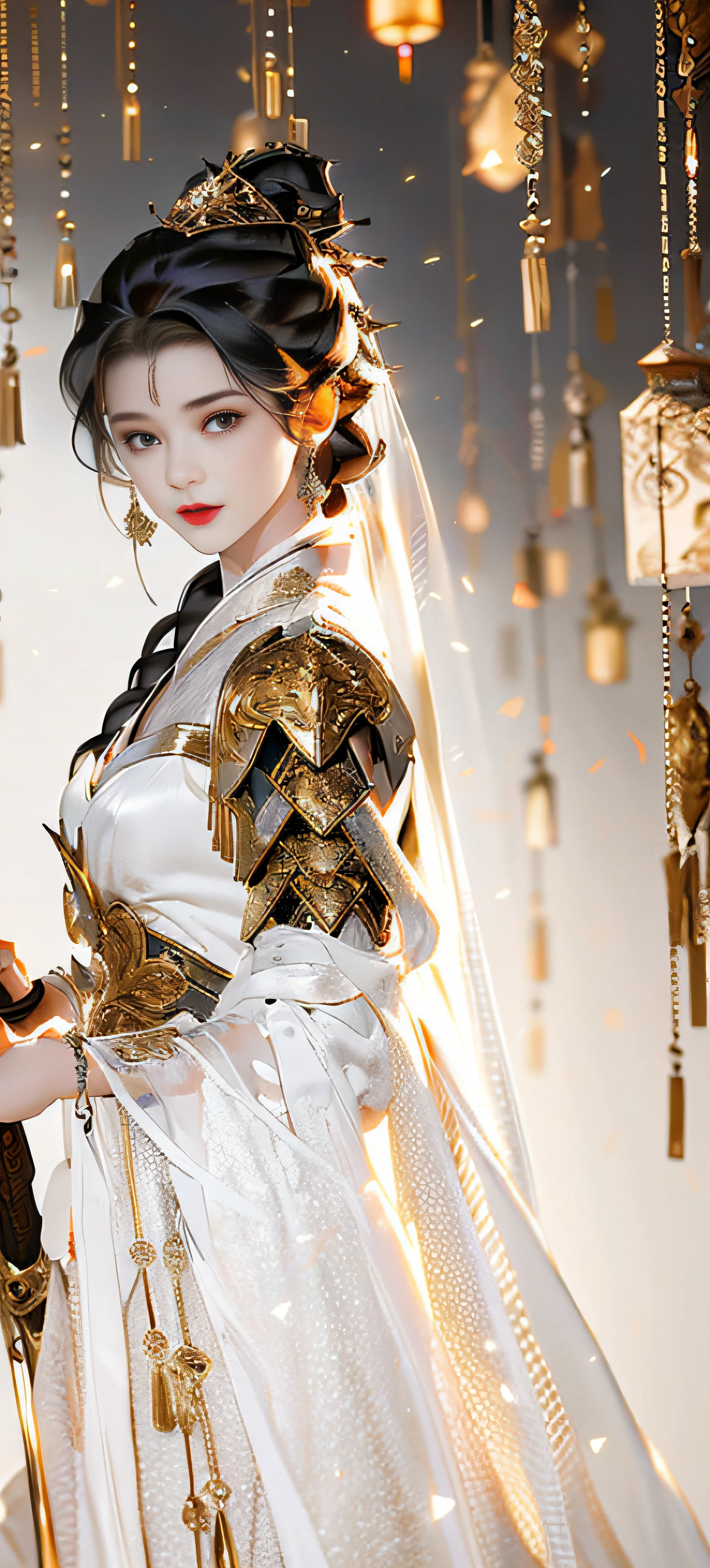 Beautiful details for girls,Very detailed eyes and face,beautiful eyes in detail,Ultra-detailded,high resolucion,Very detailed,The best quality,illustration,exquisite detailing,Best quality,Very detailed CG,8k壁紙,agirl,woods,Long black hair,ponytailhair,Gold ornaments,bangle,(White veil),Beauty of the Western Regions,With a machete,(((White clothes))),peach blossom,Lanterns,complex texture,streamers,Shoulder armor,Armour,,Skirt armor,sophisticated background,
