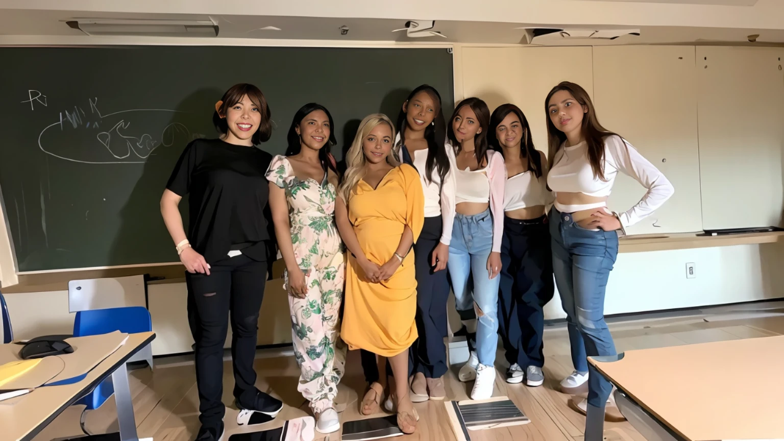 several girls standing in front of a blackboard in a classroom, 8k, Full HD, film lighting, detalhado, HDR, do not modify the faces, manter os rostos iguais