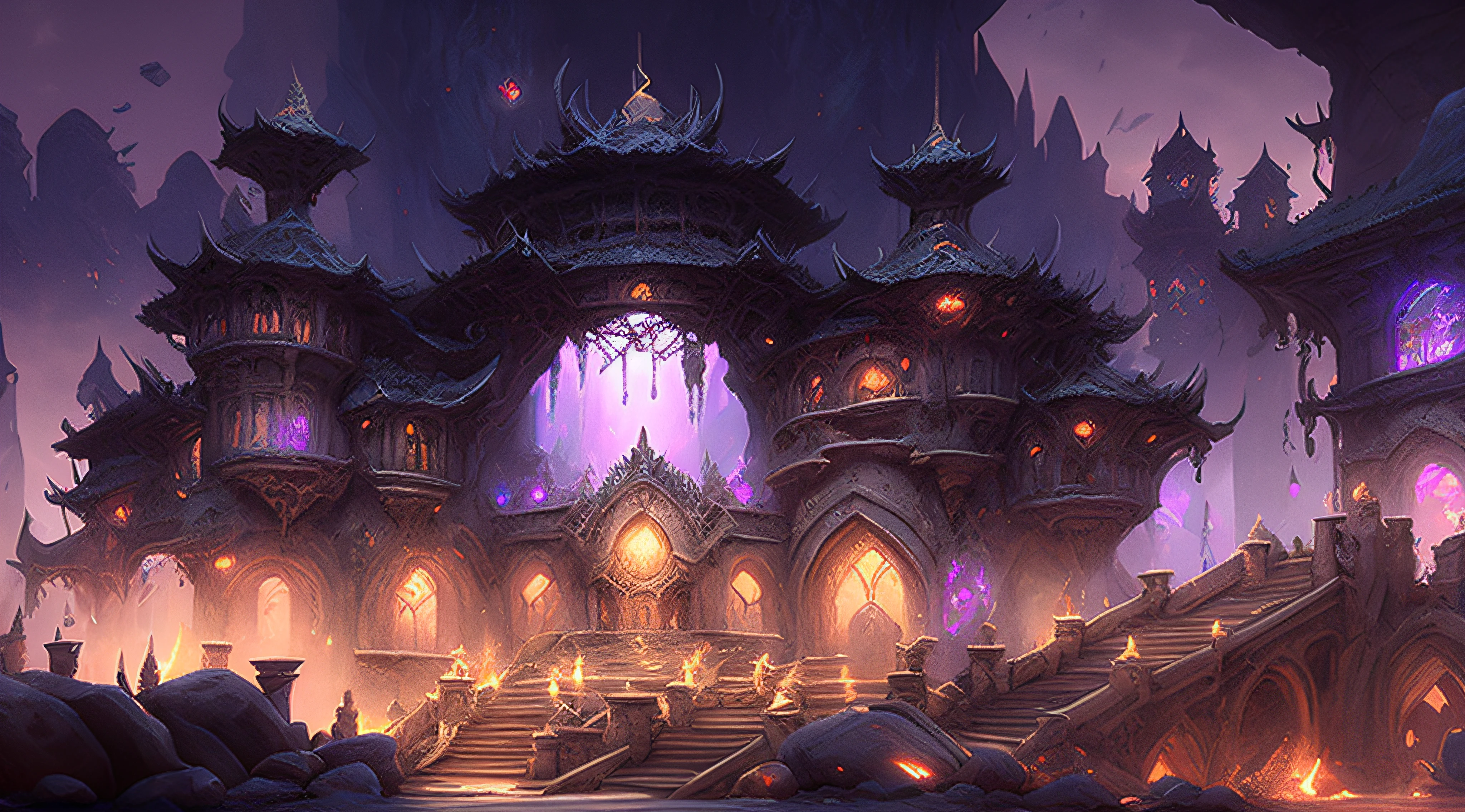 a painting of a large building with a fire in the middle, by Yang J, G Liulian art style, world of warcraft art style, author:Qu Leilei, cyberpunk chinese ancient castle, By Li Song, world of warcraft concept art, author:Song Xu, andreas rocha style, author:Ju Chao, author:Song Maojin, chengwei pan on artstation,A palace in the mountains,High gate building,Long steps,Kenso,Big perspective,Majesty,stately,Strong impact,