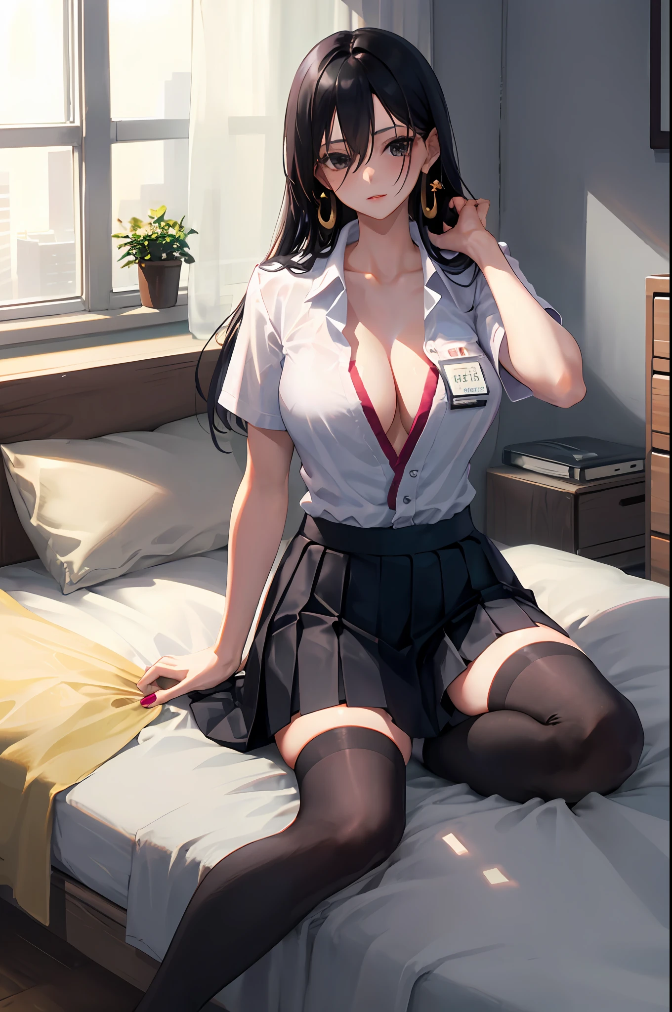 Boa hancock, 1girl, solo, ((white shirt)), black thighhighs, breasts, cleavage, uniform, office background, black skirt, pleated skirt, office, hair between eyes, large breasts, long hair, looking at viewer, black hair, red short nails, black eyes, solo, thighhighs, thighs, very long hair, ((masterpiece)), bed, bedroom, window, pillow, sitting, name tag, id tag, indoor, golden earing, short sleeve, office shirt top,
