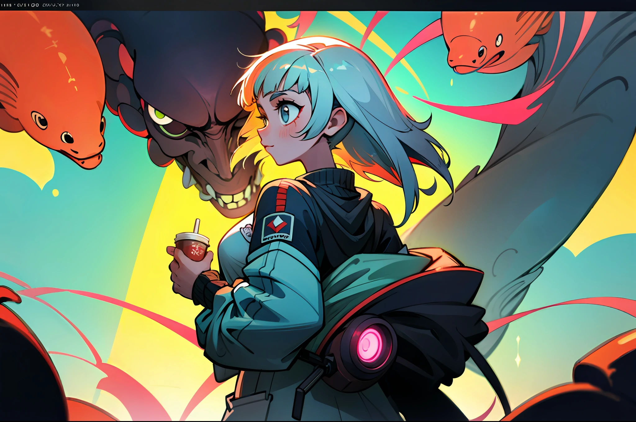 (melhor qualidade, obra-prima), 1girl, holo jacket, cyberpunk, neon,medium boobs,fog, (desenho animado: 1.5), tanga, apertado, pequeno, Rear angle, from behind,  sinais de neon, ramen loja, meias fishnet muito baixo, transparente, cabelo muito longo,