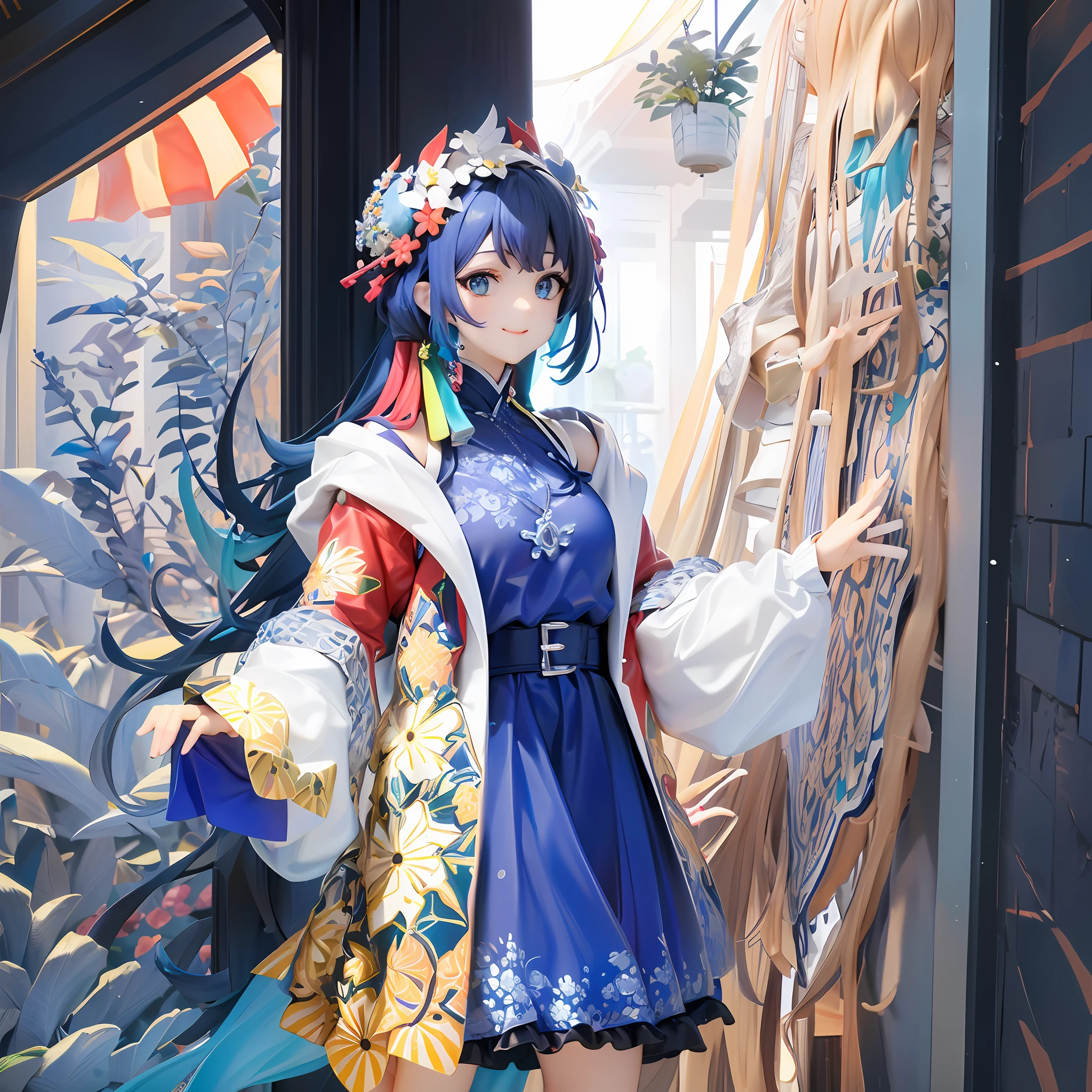  girls、atelier、colourfull、blue hairs、length hair、Blue eyes、Crown of red and white flowers、a smile、Colorful earrings、Sleeveless glittering blue dress、Luxurious necklaces、Colorful haori（Golden flower pattern）、Watching your audience、inside the house、daytime