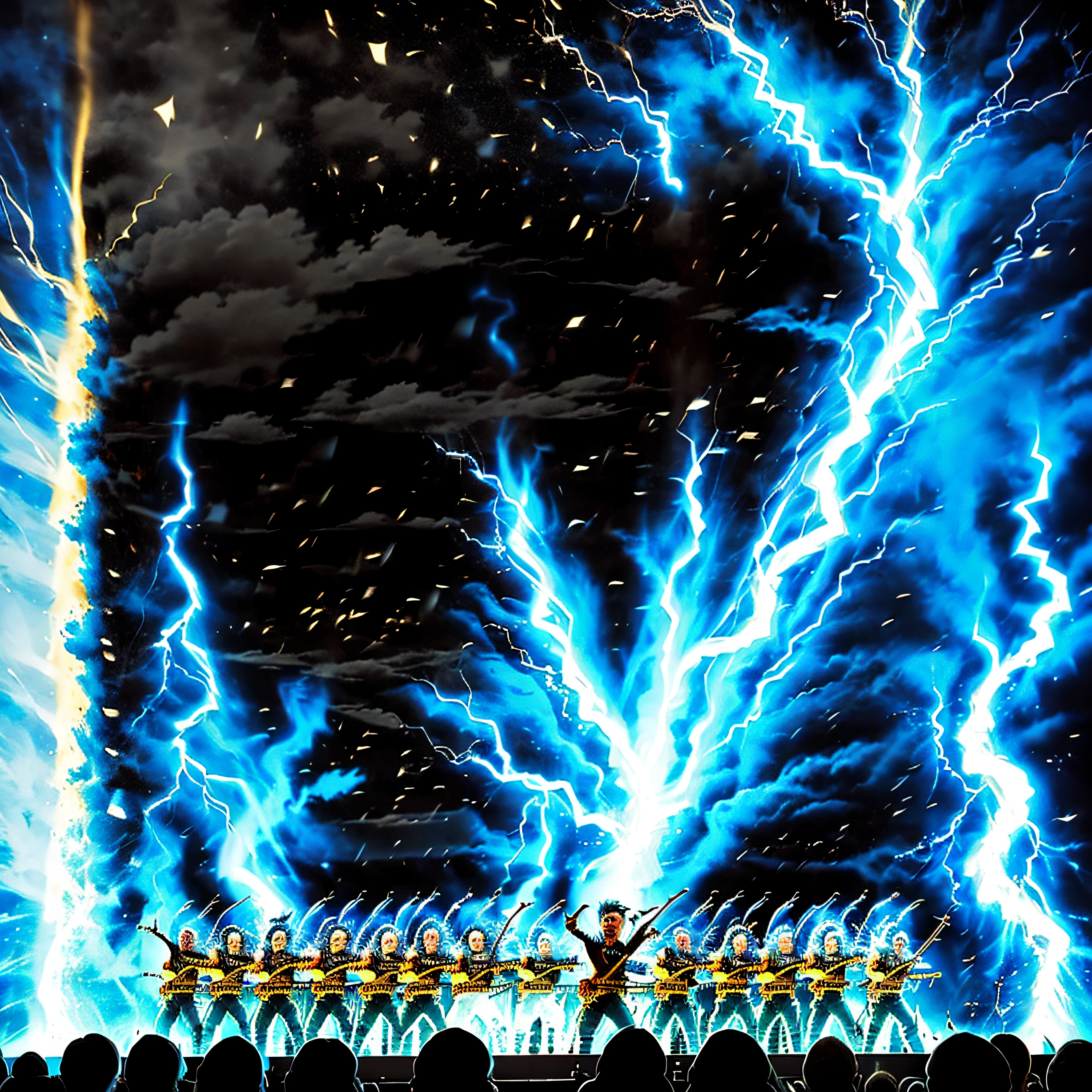 We'll defy the odds, with every note we play,
Unleashing the fury, like a storm on display,
The stage is our battlefield, the crowd our army,
We'll rock the world, with our wild and free.