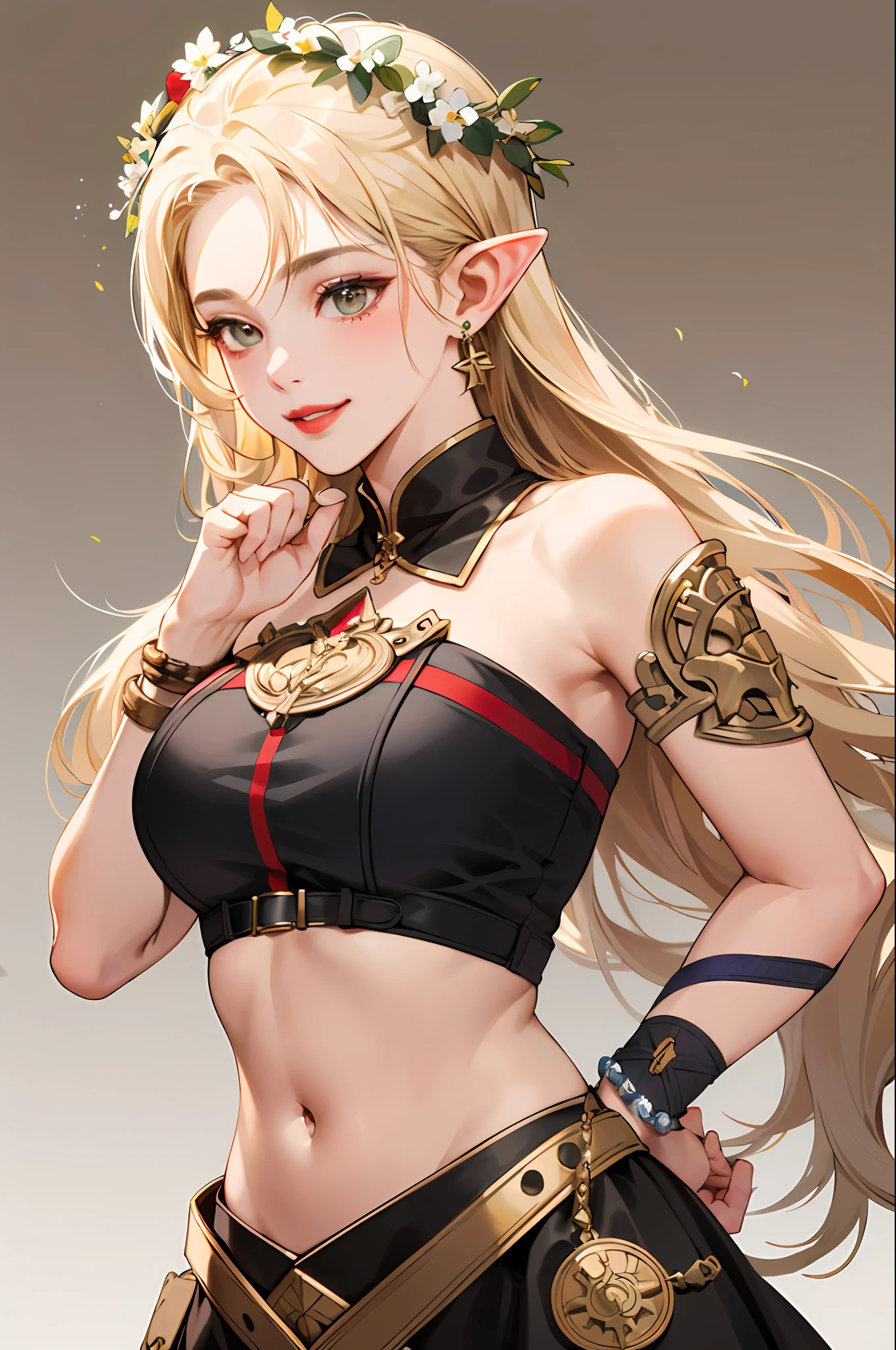 (A masterpice:1.4)、(beste-Quality:1.4)、
1girl in, armlet, bare shoulder, blonde hair, blushful, A bracelet, 가슴, circlet, elvish, verd s eyes, Wreath on the head, giant breast, jewlery, a large breast, length hair, looking at the viewers, Belly Navel, O-ring, o-ring top, pointy ear, simple background, a smile, 独奏, extra very long hair, ,Realstic,(shinny skin),(A masterpice:1.4),(beste-Quality:1.4),red-lips,milf woman