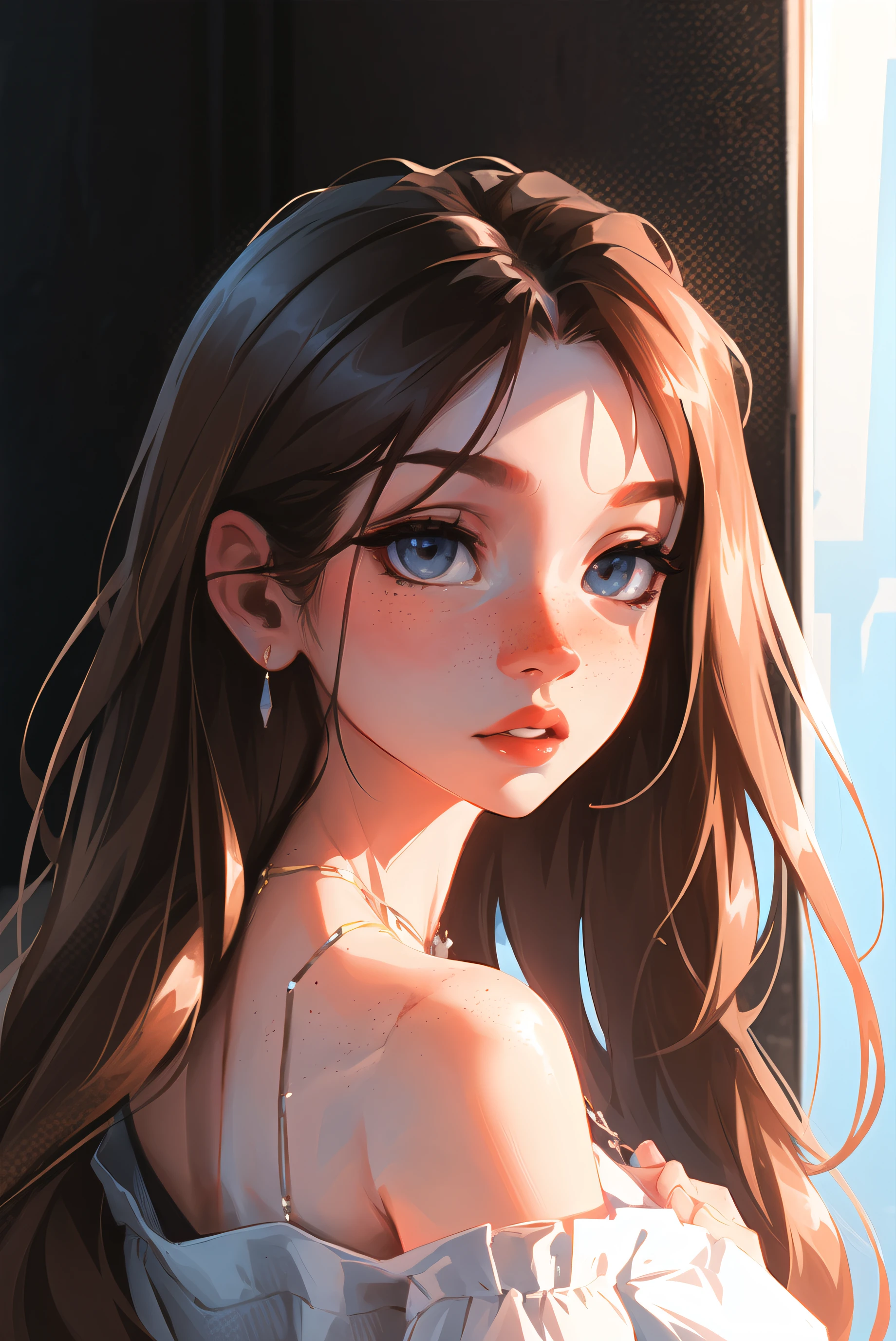 sam yang,
1girl, back, bare shoulders, blue eyes, brown hair, earrings, freckles, jewelry, lips, long hair, looking at viewer, looking back, necklace, off shoulder, parted lips, portrait, day, depth of field, solo
, ((masterpiece))