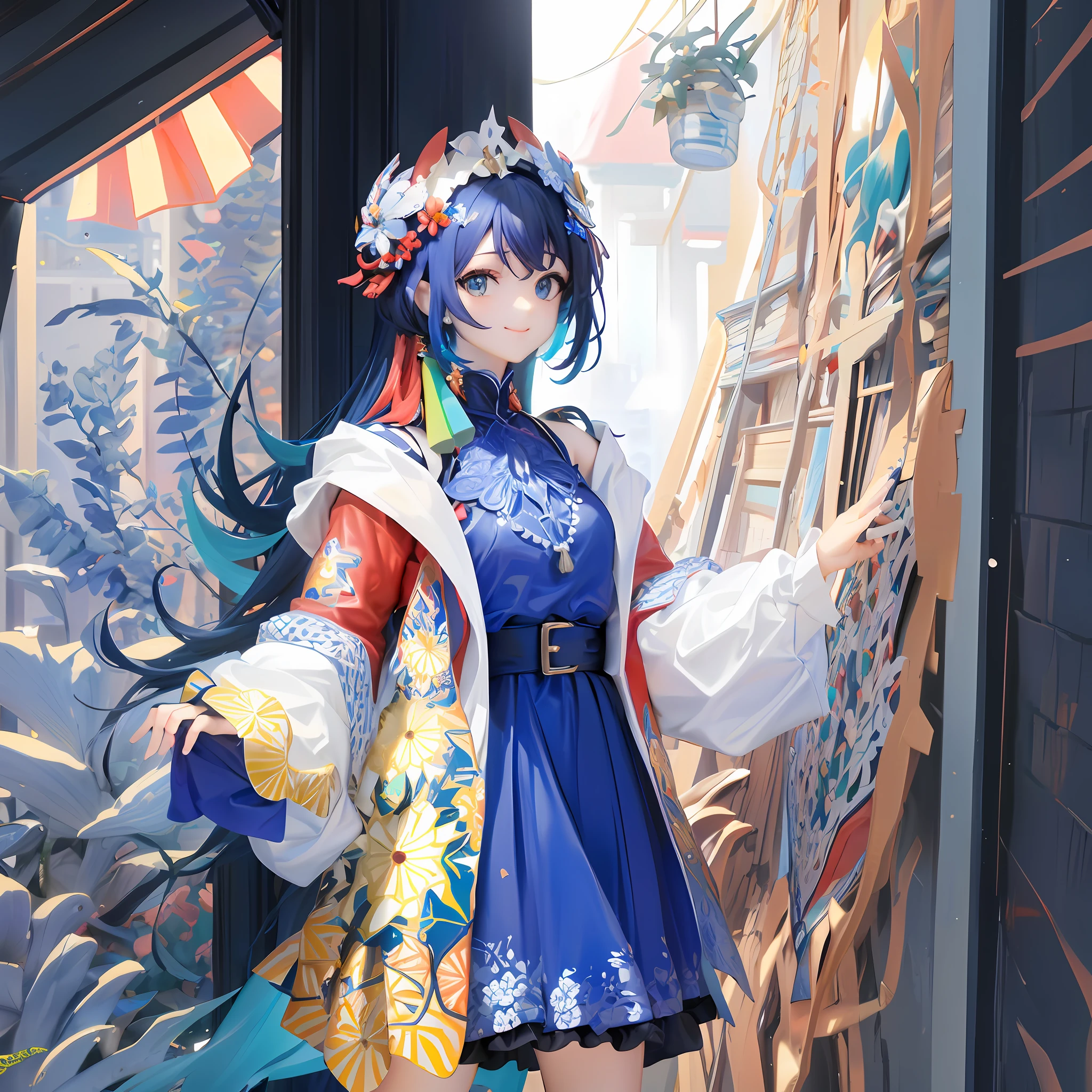 Teen girls、atelier、colourfull、blue hairs、length hair、Blue eyes、Crown of red and white flowers、a smile、Colorful earrings、Sleeveless glittering blue dress、Luxurious necklaces、Colorful haori(Golden flower pattern)、Watching your audience、inside the house、daytime