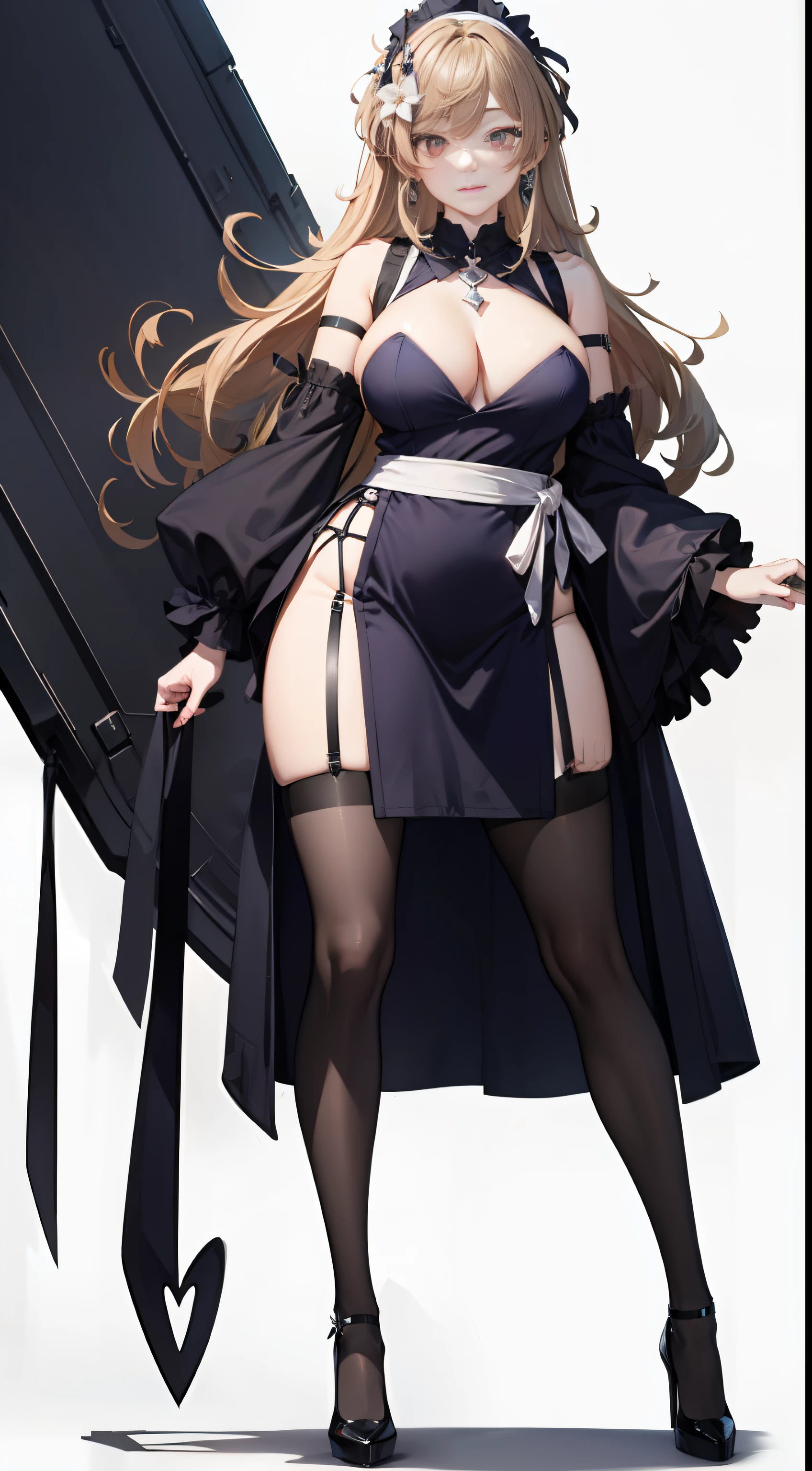 Extremely delicate face，maid, to stand,Whole human body，sexly, largebreasts, cleavage exposed, black lence stockings,high heel shoes, （micro saia：1.5）, Black and white maid outfit，coiffed blonde hair, Curly hair, bangs, Asymmetrical hair, Very long hair, hair flower, Devil Eyes, crescent earrings, haughty, god light, shadings, ultra high def, 巨作, Anatomically correct, Super detail, High details, High quality, high resolucion