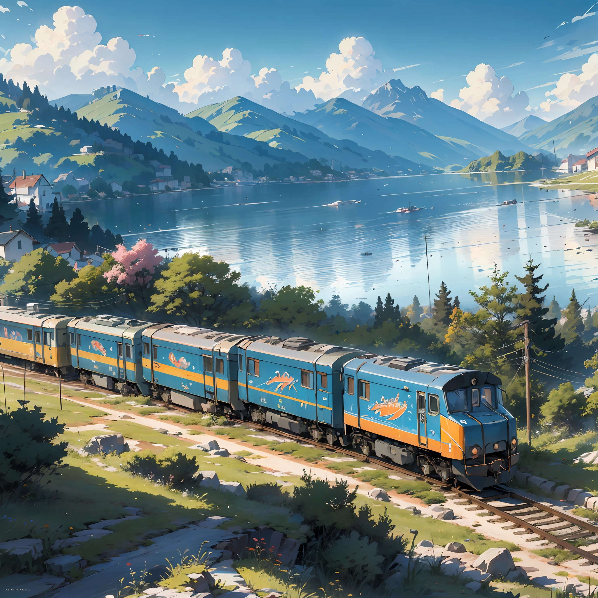 Train in motion, in the mountains, res, lake, cozy city, happiness, retro, full color, multicolor, artful, top detail, super quality, fine details, highlights, neon lights