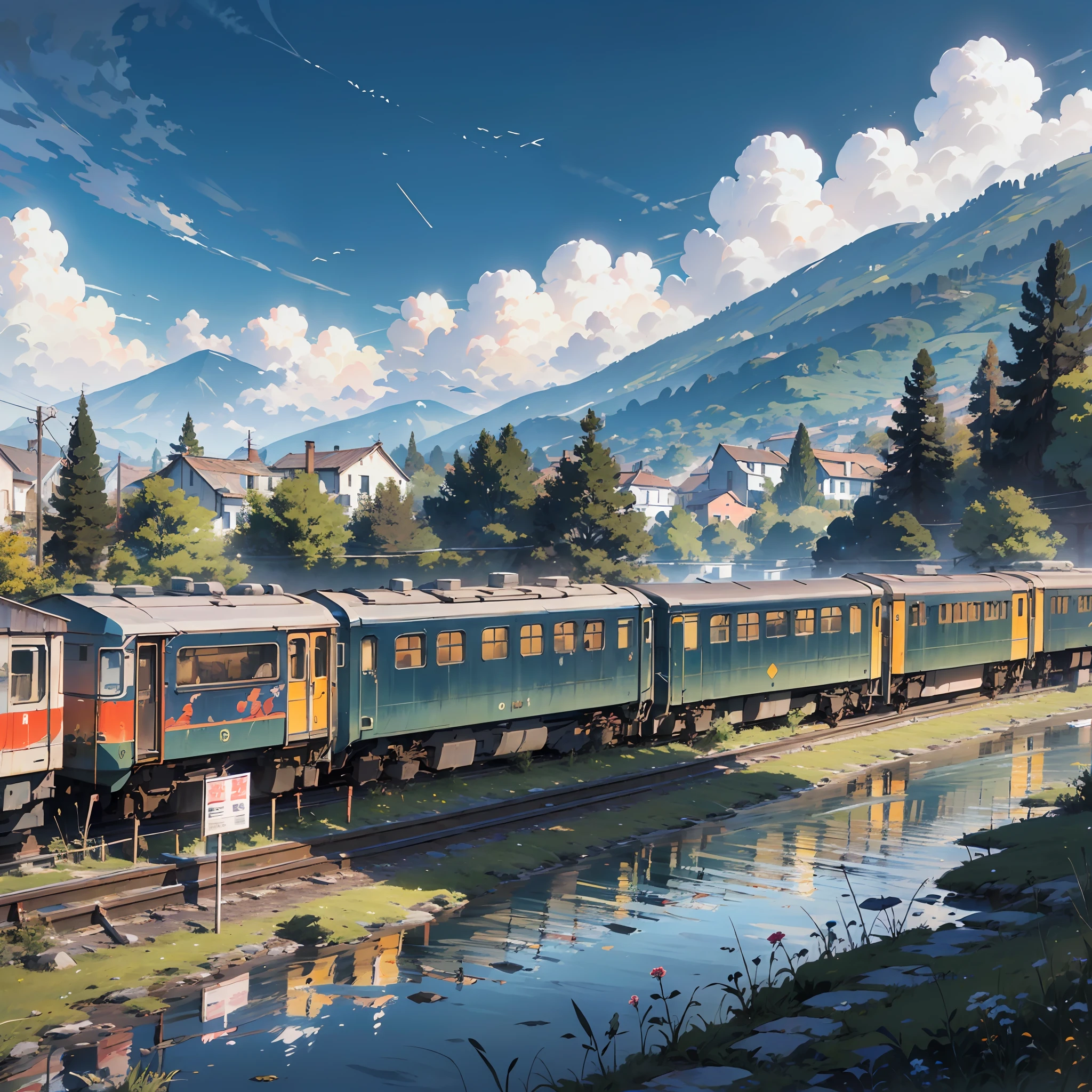 Train in motion, in the mountains, res, lake, cozy city, happiness, retro, full color, multicolor, artful, top detail, super quality, fine details, highlights, neon lights