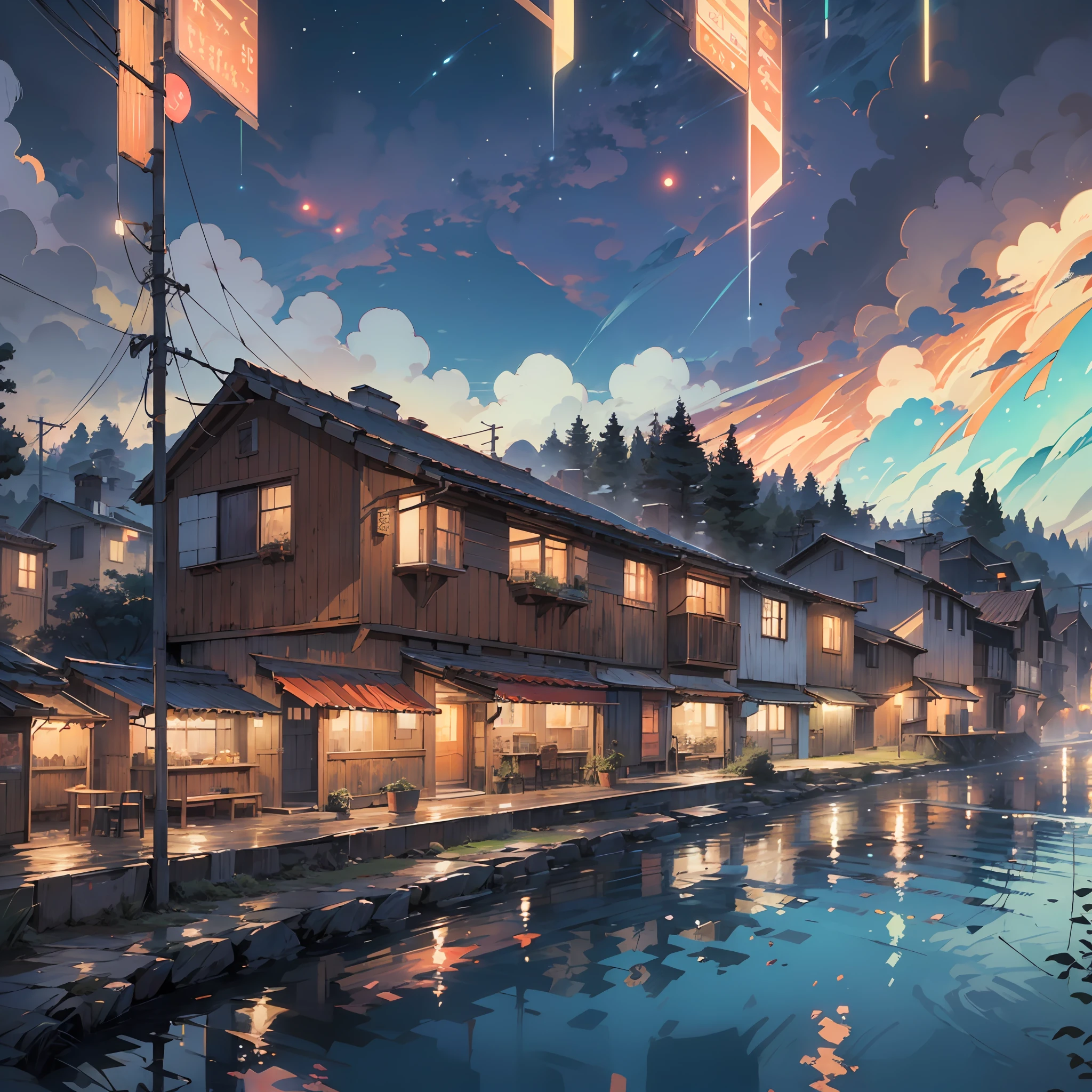 Train in motion, in the mountains, res, lake, cozy city, happiness, retro, full color, multicolor, artful, top detail, super quality, fine details, highlights, neon lights