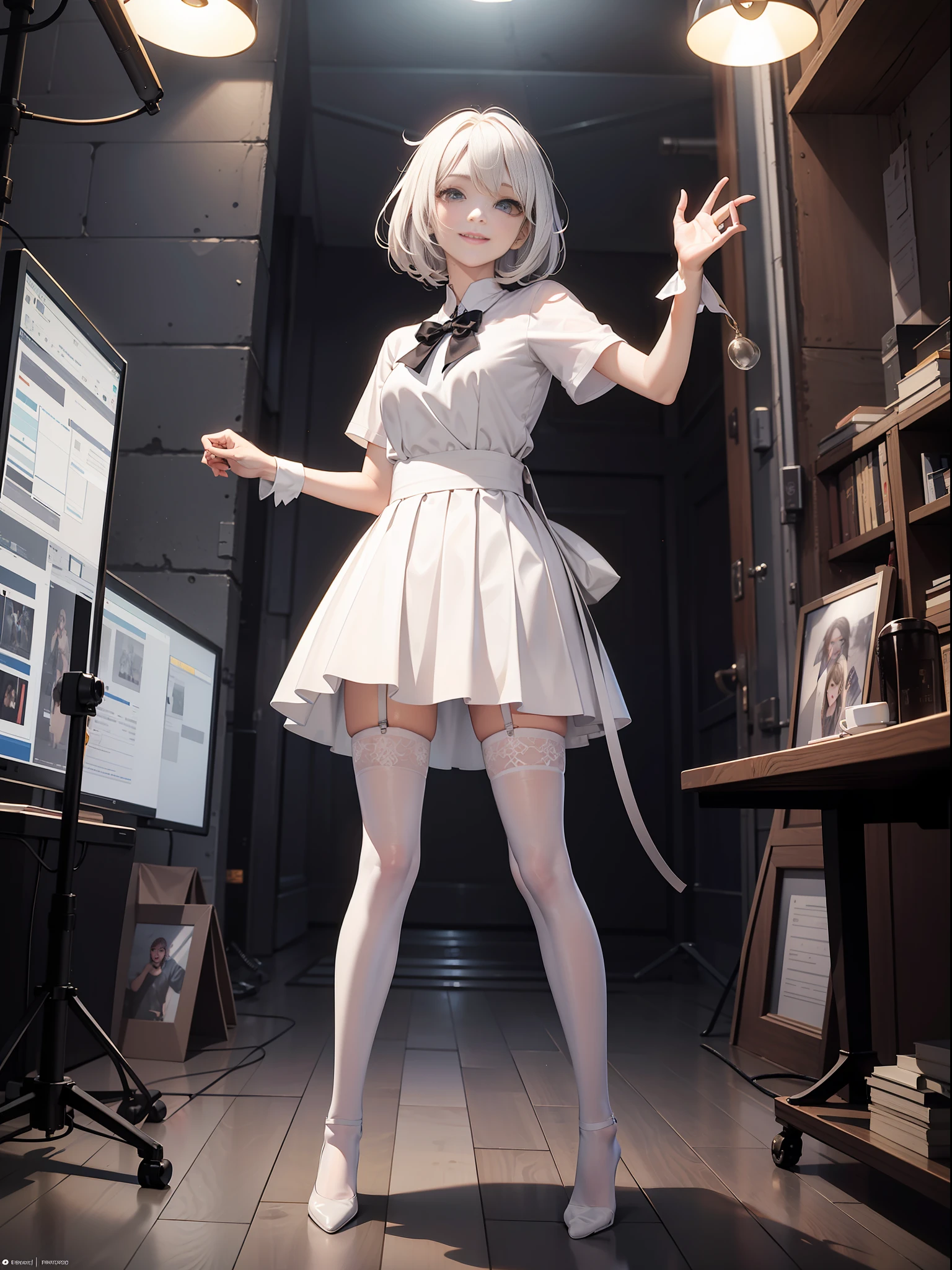 concept character, concept-art, Super white skin, Super big eyes, White skirt, charming pose, gorgeous hairstyle, white gradient hair color, Playful, memorable, Big smile, upturned mouth, dimpled face, imagination, Visual impact, unreal engine 5 rendering, skin subsurface scattering, high sampling, high pixel count, extreme facial detail, AAA level, cinamtic lighting, expensive commercial retouching, commercial post production studio lighting,Full body photo,white stockings