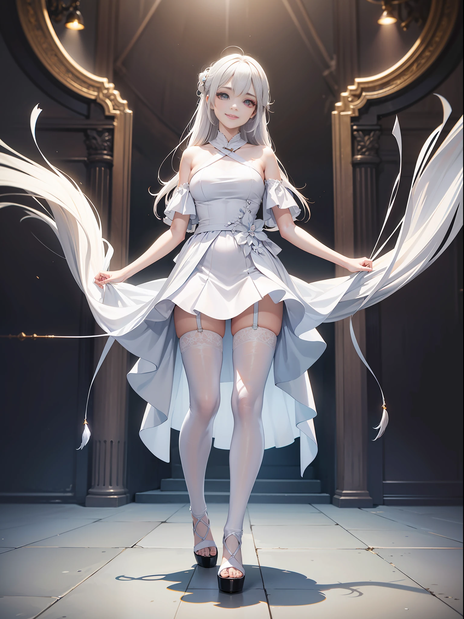 concept character, concept-art, Super white skin, Super big eyes, White skirt， charming pose, gorgeous hairstyle, white gradient hair color, Playful, memorable, Big smile, upturned mouth, dimpled face, imagination, Visual impact, unreal engine 5 rendering, skin subsurface scattering, high sampling, high pixel count, extreme facial detail, AAA level, cinamtic lighting, expensive commercial retouching, commercial post production studio lighting，Full body photo，white stockings
