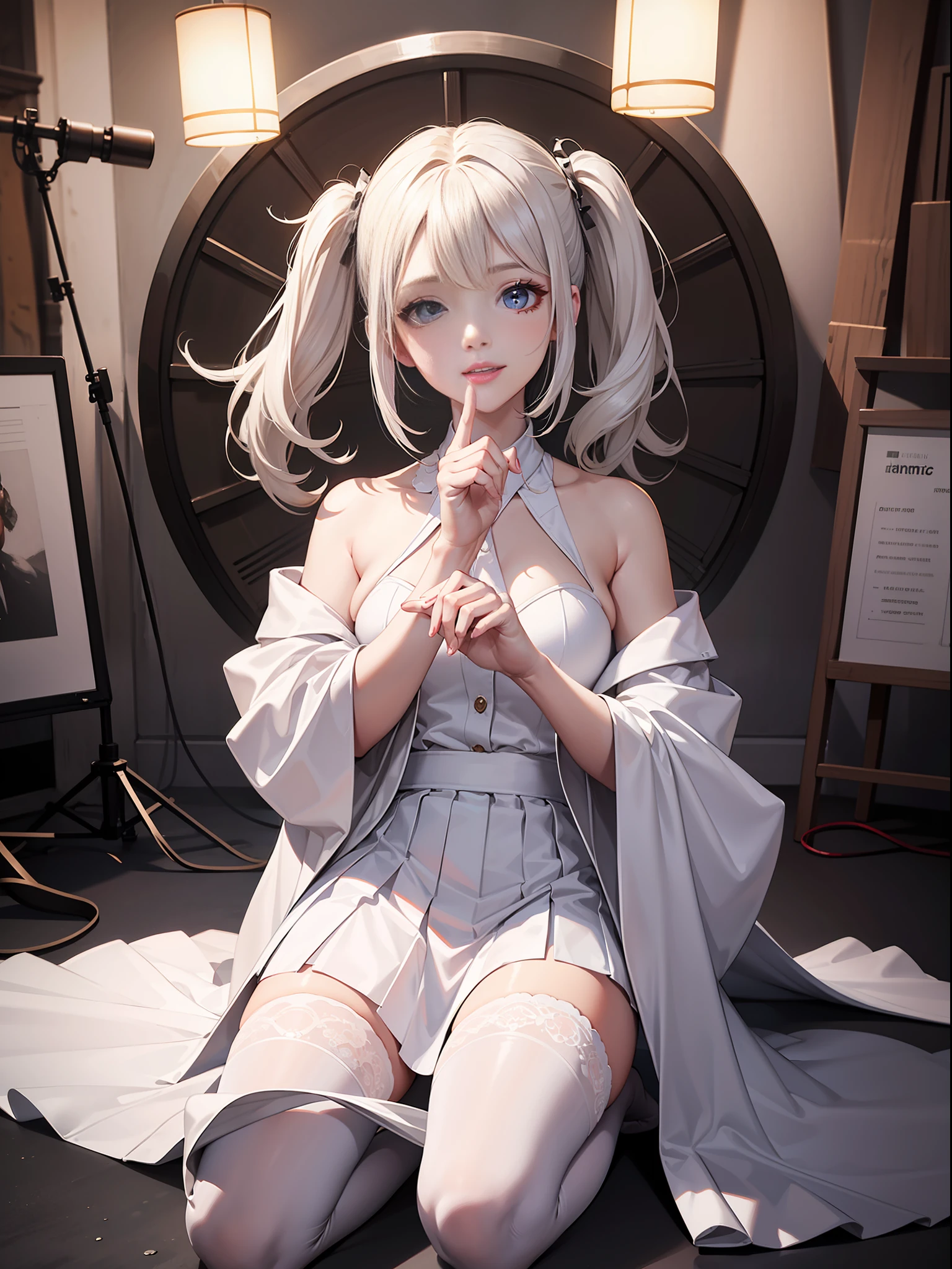concept character, concept-art, Super white skin, Super big eyes, White skirt， charming pose, gorgeous hairstyle, white gradient hair color, Playful, memorable, Big smile, upturned mouth, dimpled face, imagination, Visual impact, unreal engine 5 rendering, skin subsurface scattering, high sampling, high pixel count, extreme facial detail, AAA level, cinamtic lighting, expensive commercial retouching, commercial post production studio lighting，Full body photo，white stockings