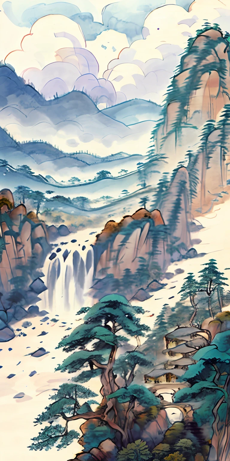 Chinese painting,Green landscape,Skinny mountains,Waterfalls flow through the mountains,There are pine trees,Anglers,There are rivers flowing down the mountain
