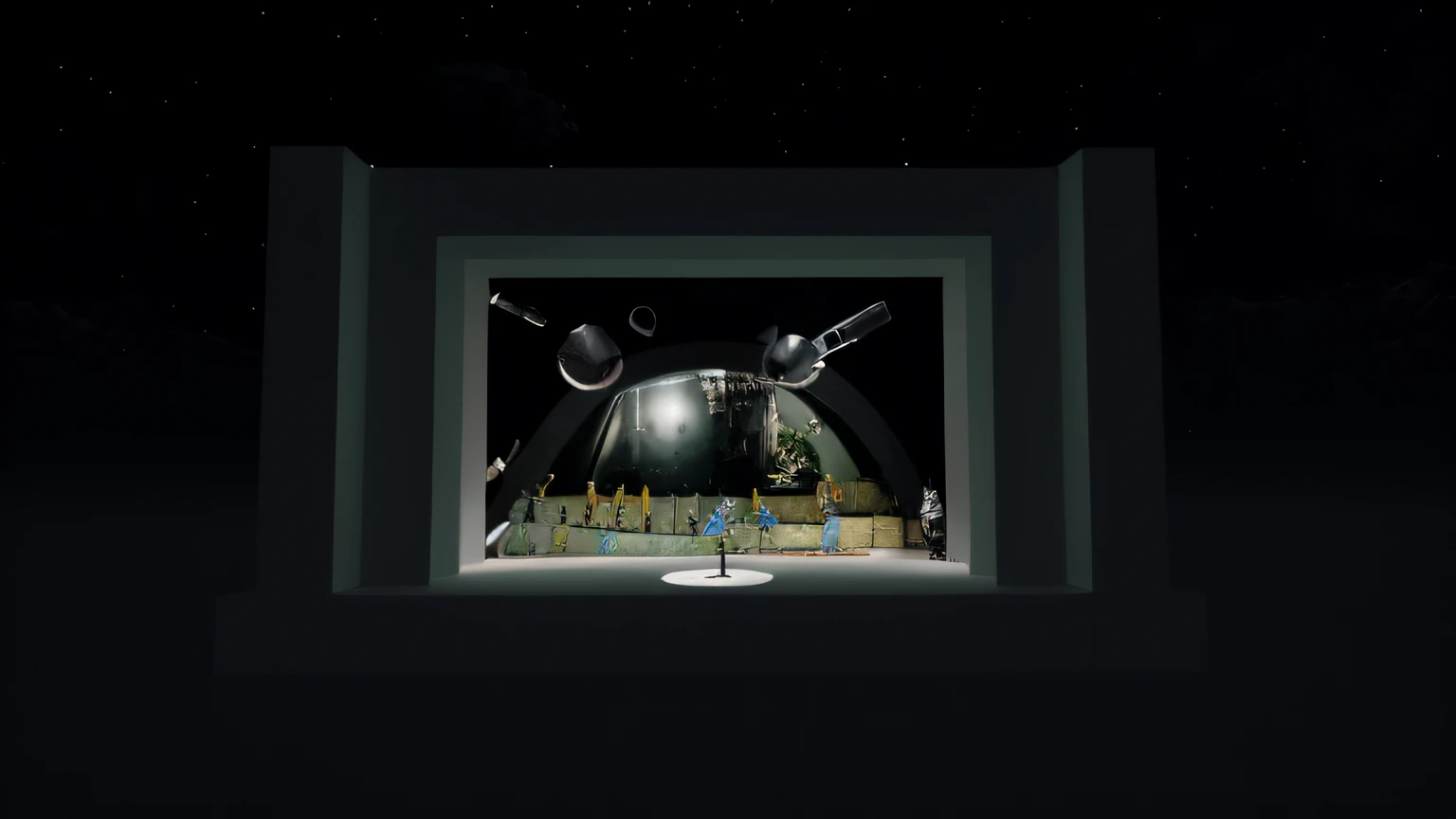 There is a picture of the tunnel,Above it was a man dressed as a worker, backside of scenography elements, Scene in the tunnel, is depicted as a tense dangerous scene, raytraced 3d set design, surreal sci fi set design, war theatre, detailed set design, projection design installation, inspired by Peter Elson, a picture of a klingon opera
