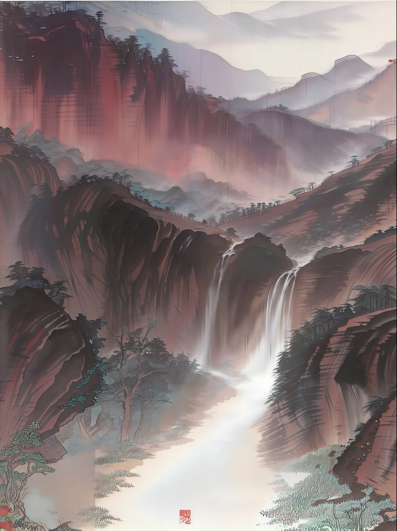 Chinese painting,Green landscape,Skinny mountains,Waterfalls flow through the mountains,There are pine trees,Anglers,There are rivers flowing down the mountain