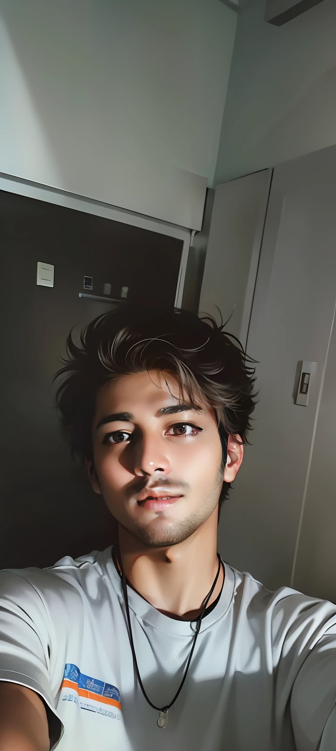 there is a man taking a selfie in a kitchen, around 1 9 years old, with accurate face, face picture, without beard, without helmet, front profile!!!!, jayison devadas, selfie photo, very very low quality picture, frontal picture, with kind face, good looking face, very very very beautifull face, clean shaven face, 18 years old[make with different hairstyle]