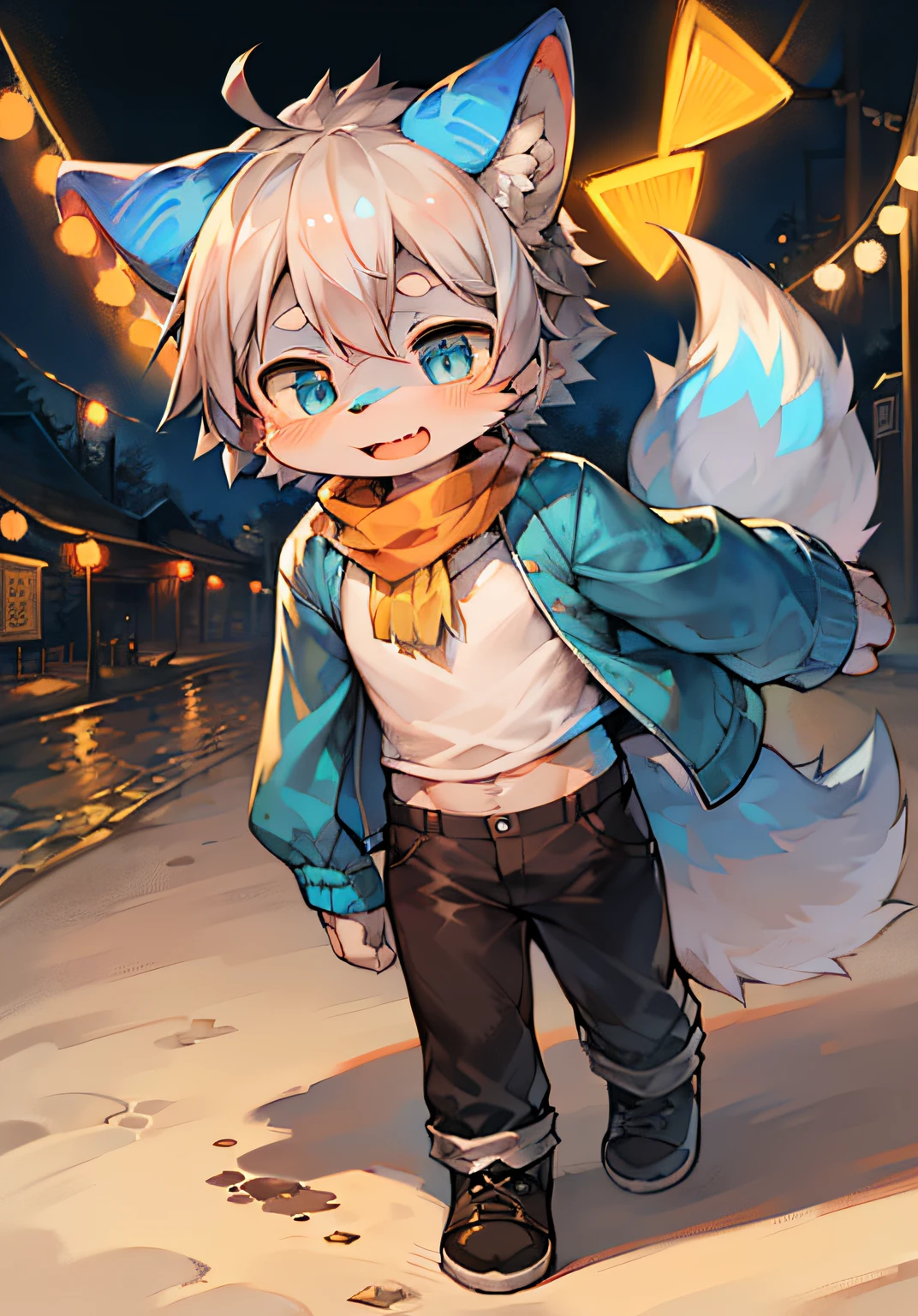 巨作,hightquality,abstract res,Digital painting\(artworks\), by Dagasi, Yupa,Kiyosan,(anthro,Fluffy fur,Character focus:1.1),anthro male cat,Short hair, , eyes with brightness, the panorama, Character focus.(detailedbackground:0.7), 独奏, shaggy, Hairy male, Male focus, anthr,(Full Body Furry, Fluffy tail, White with blue fur, Ultramarine eyes, Gray hair:1.2), (Little Wolf、Sunny boy,White fitted short sleeves,Yellow triangle scarf,White cropped pants:1.2),(beaches、to stand、having fun:1.1)
