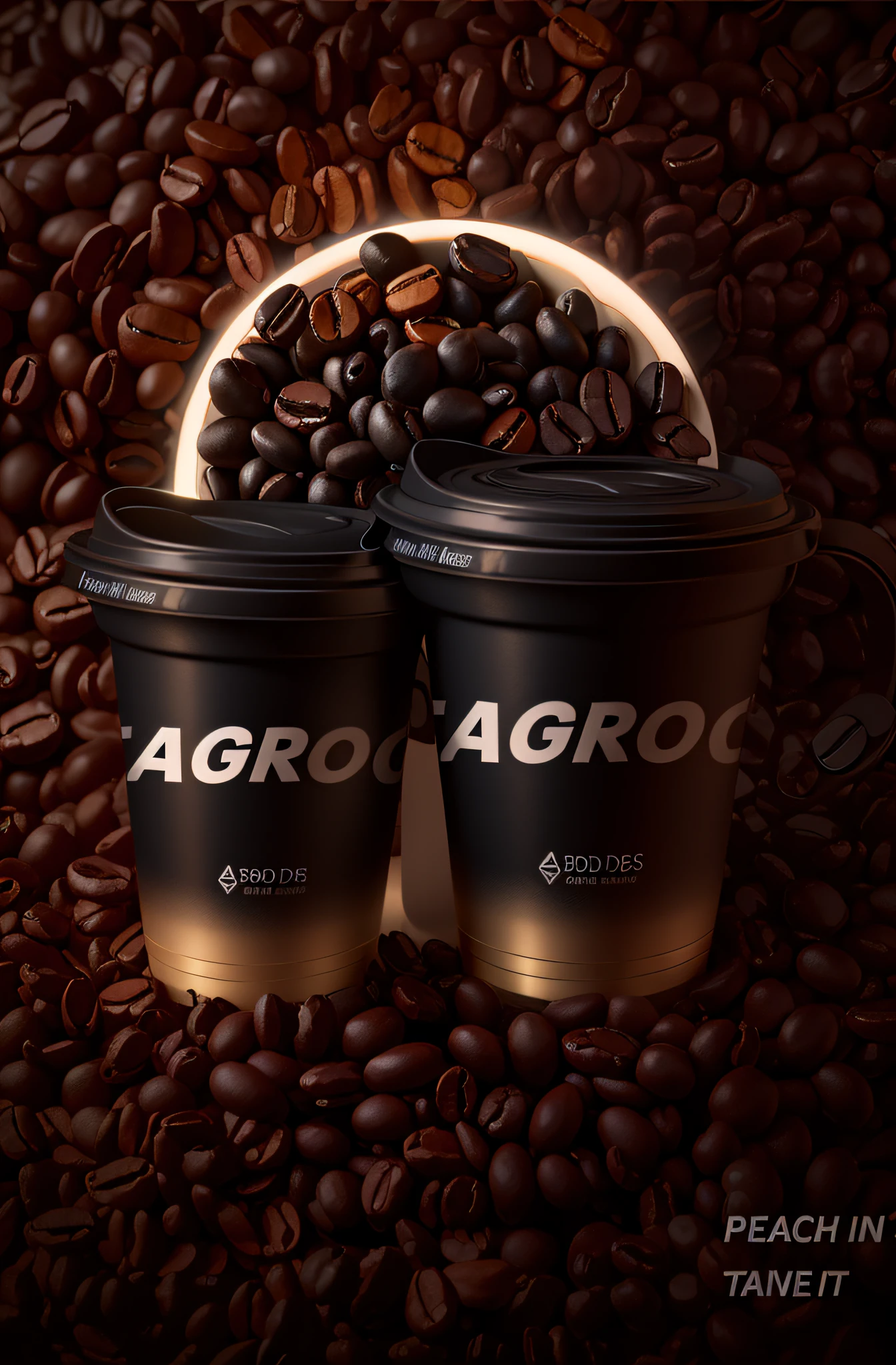 Modeling poster,2.5D,Rendering,Pure black plastic cup,Plastic material,Pure black coffee cup,solidcolor,Black coffee beans,Black,Rendering,a poster for a,high qulity,8K