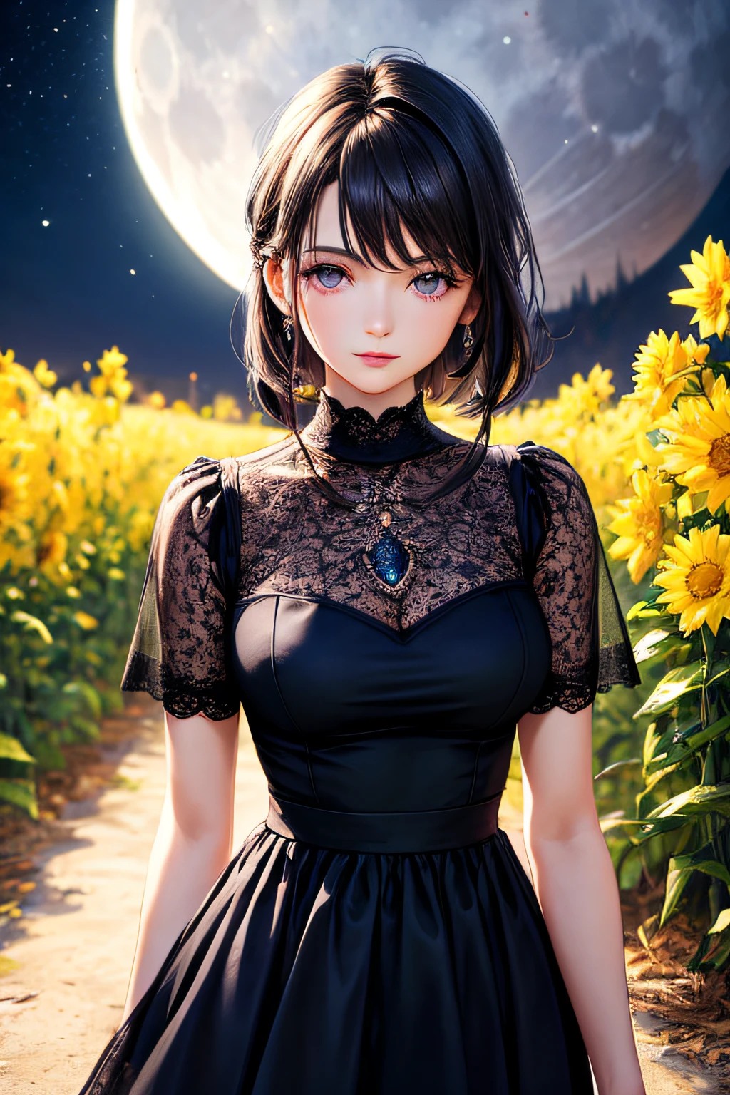 1girl popstar realistic kitsch fashion dark hair dark eyes moon night flowers