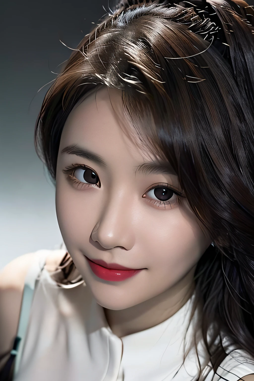 Masterpiece, 1 Beautiful Girl, Detailed, Swollen Eyes, Top Quality, Ultra High Resolution, (Reality: 1.4), Original Photo, 1Girl, Cinematic Lighting, Smiling, Japanese, Asian Beauty, Korean, Clean, Super Beautiful,  Young Face, Beautiful Skin, Slender, Cyberpunk Background, (ultra realistic), (high resolution), (8K), (very detailed), (best illustration), (beautifully detailed eyes), (super detailed), (wallpaper), (detailed face), viewer looking, fine detail, detailed face, pureerosfaceace_v1, smiling, 46 point slanted bangs, looking straight ahead, neat clothes, dark colored eyes, clothes sleeveless, body facing front,