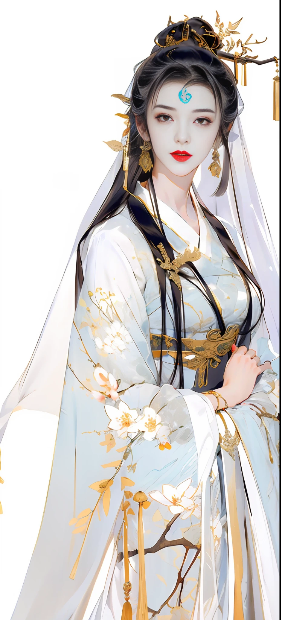 Beautiful details for girls，Very detailed eyes and face，beautiful eyes in detail，Ultra-detailded，high resolucion，Very detailed，The best quality，illustration，exquisite detailing，Best quality，Very detailed CG，8k壁紙，agirl，woods，Long black hair，ponytailhair，Gold ornaments，bangle，(White veil)，Beauty of the Western Regions，With a machete，(((White clothes)))，peach blossom，Lanterns，complex texture，Hanfu，Dunhuang style，streamers，sophisticated background，