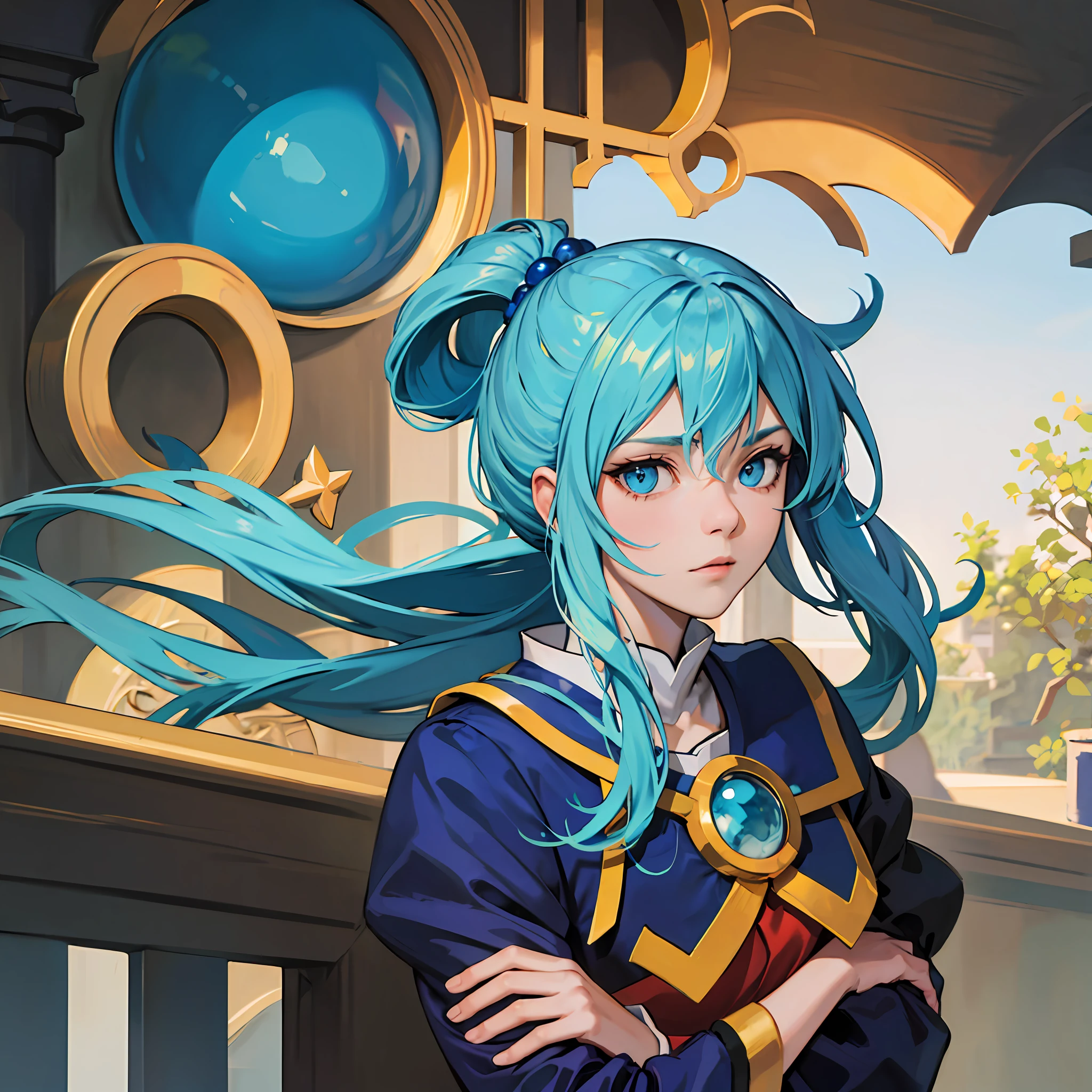 masterpiece, best quality, highres, 1girl, solo, aqua \(konosuba\), blue hair, long hair, blue eyes, suit, politician, crossed arms, bored, expressionless, --auto