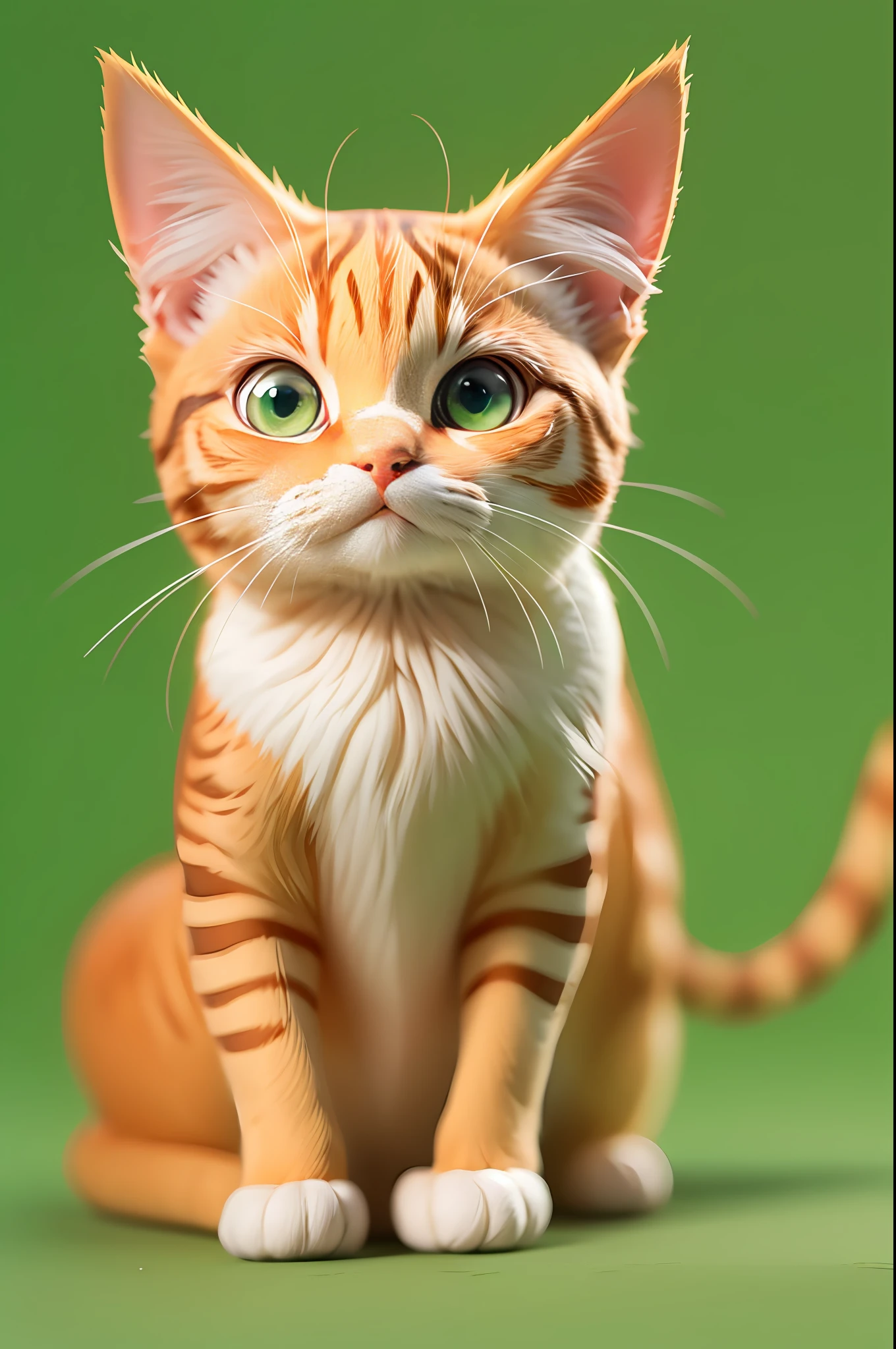 A cute orange cat，Whole human body，solidbackground，Green background
