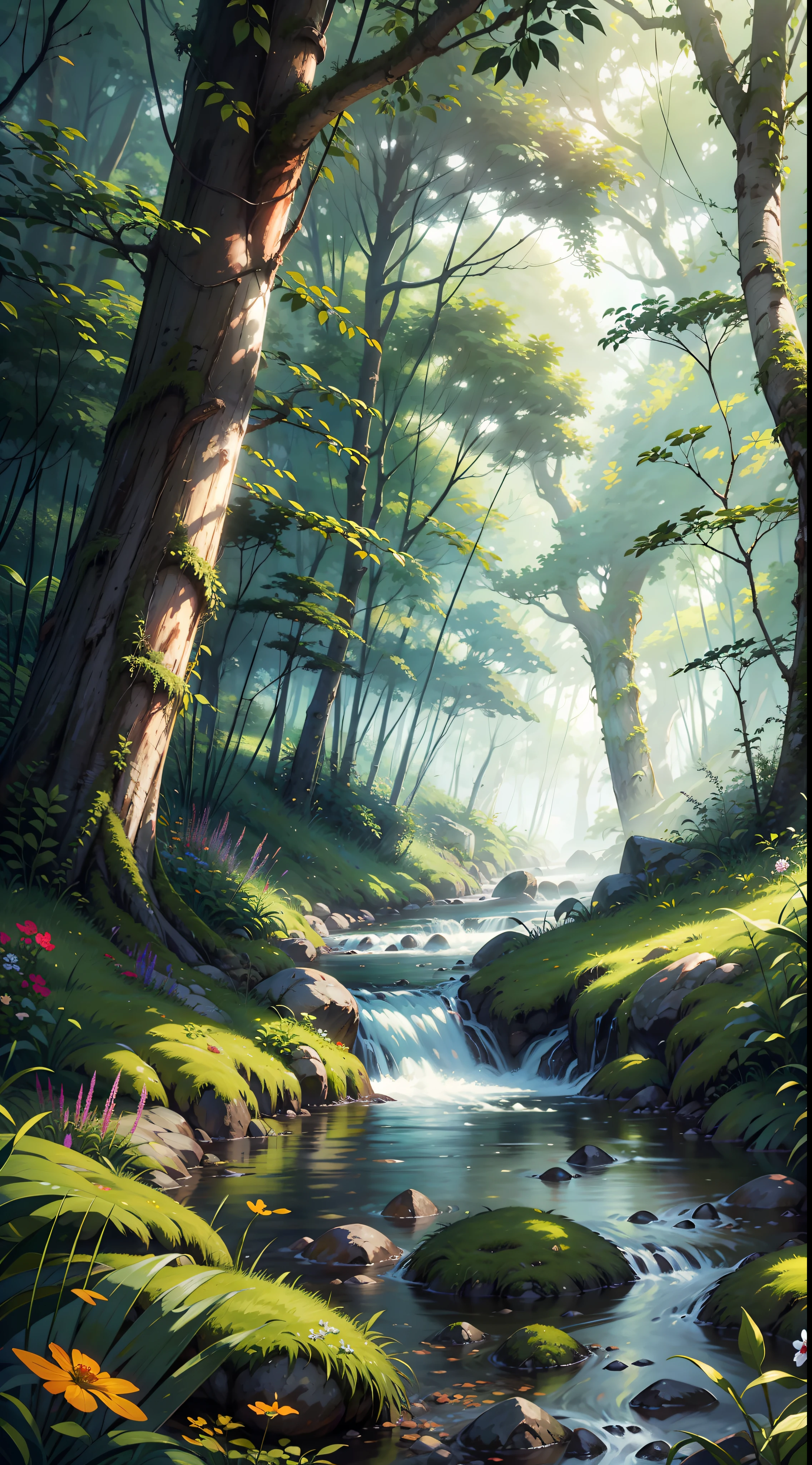 Best quality，16K Ultra Clear，in the early morning，mist，forested，Tree holes，squirrels，pine nut，brook，Cogumelos，Grass，Small flowers，Stones，fishes，insects，cockchafer，steins，moss，moisty，the trees，Exquisite close-up，exquisitedetails，superdetailed，mistic，