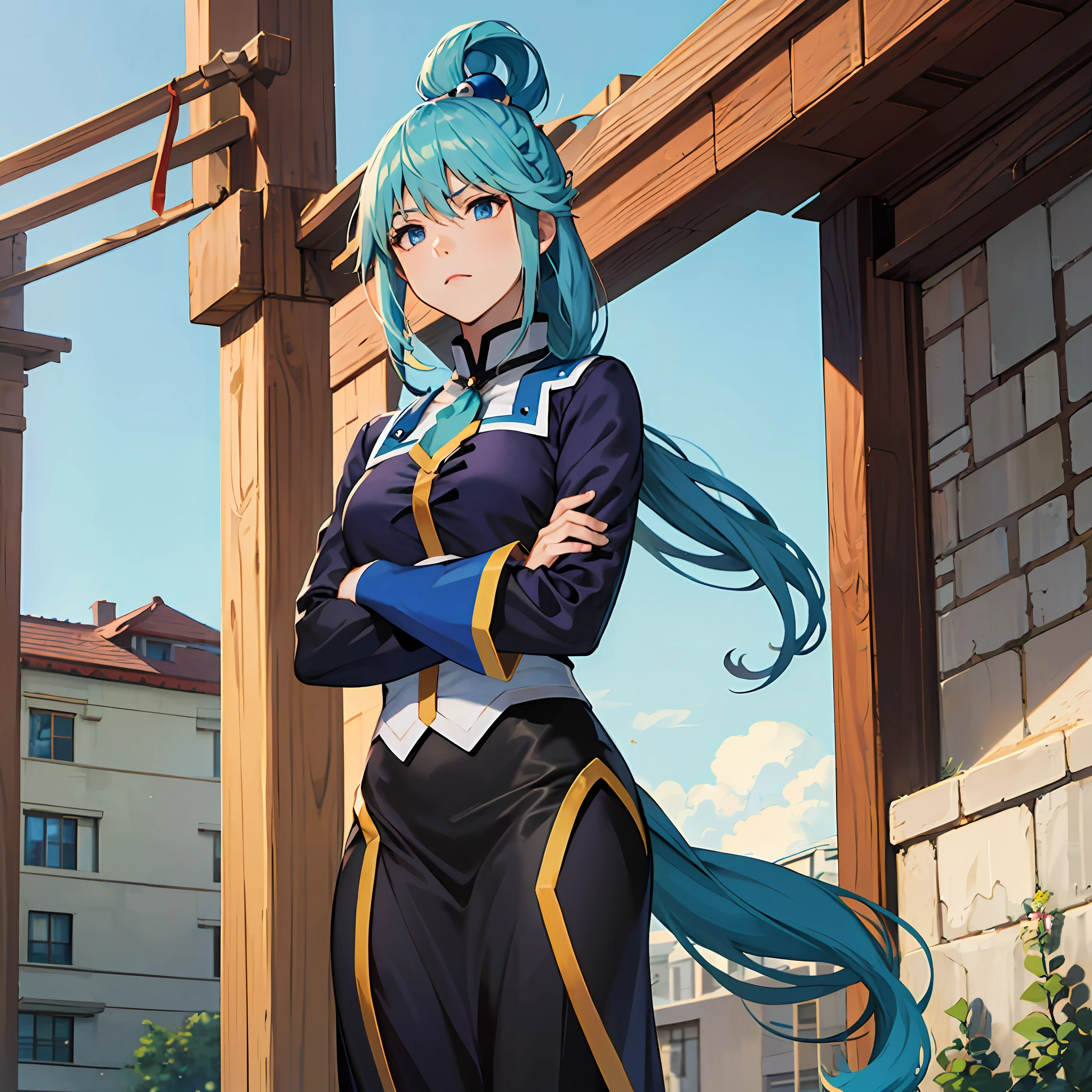 masterpiece, best quality, highres, 1girl, solo, aqua \(konosuba\), blue hair, long hair, blue eyes, suit, politician,  crossed arms, bored, expressionless, --auto