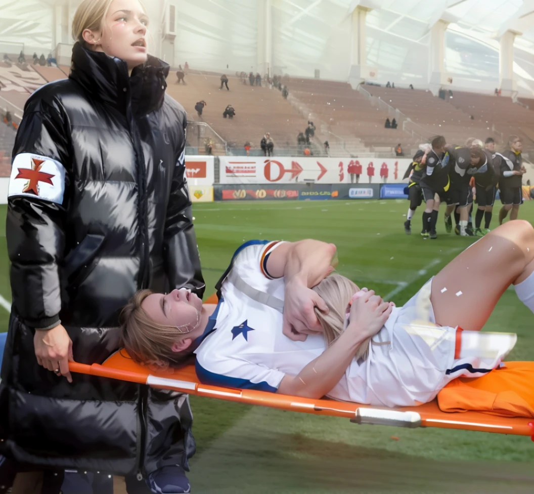 Photography of an injured sportsman on a stretcher being carried by a longhaired blond woman in a long black down coat, a young male soccer player in short sportswear is lying on his back on a stretcher and is grabbing his shin with his hands, hyperralistic, very realistic, ultrarealistic photorealistic, pgoto, photoreal, a young woman is wearing a high shine black downcoat an dis holding a stretcher inside a sports stadium, a young madeup blond woman in a high-shine padded coat is shouting out for help and has a very sad and furious expression in her face, a sportsman is lying on a stretcher and has a very painful and suffering face, a young sportsman on a stretcher with a very painful expression in his face, dramatic action pose, sports accident, injury scene, theatralic pity pose, pity pityful, pain, a sportsman is lying on a stretcher and is crying in pain, a young madeup woman in a shiny coat is carrying a man on a stretcher inside a sports stadium, sports scene, stadium