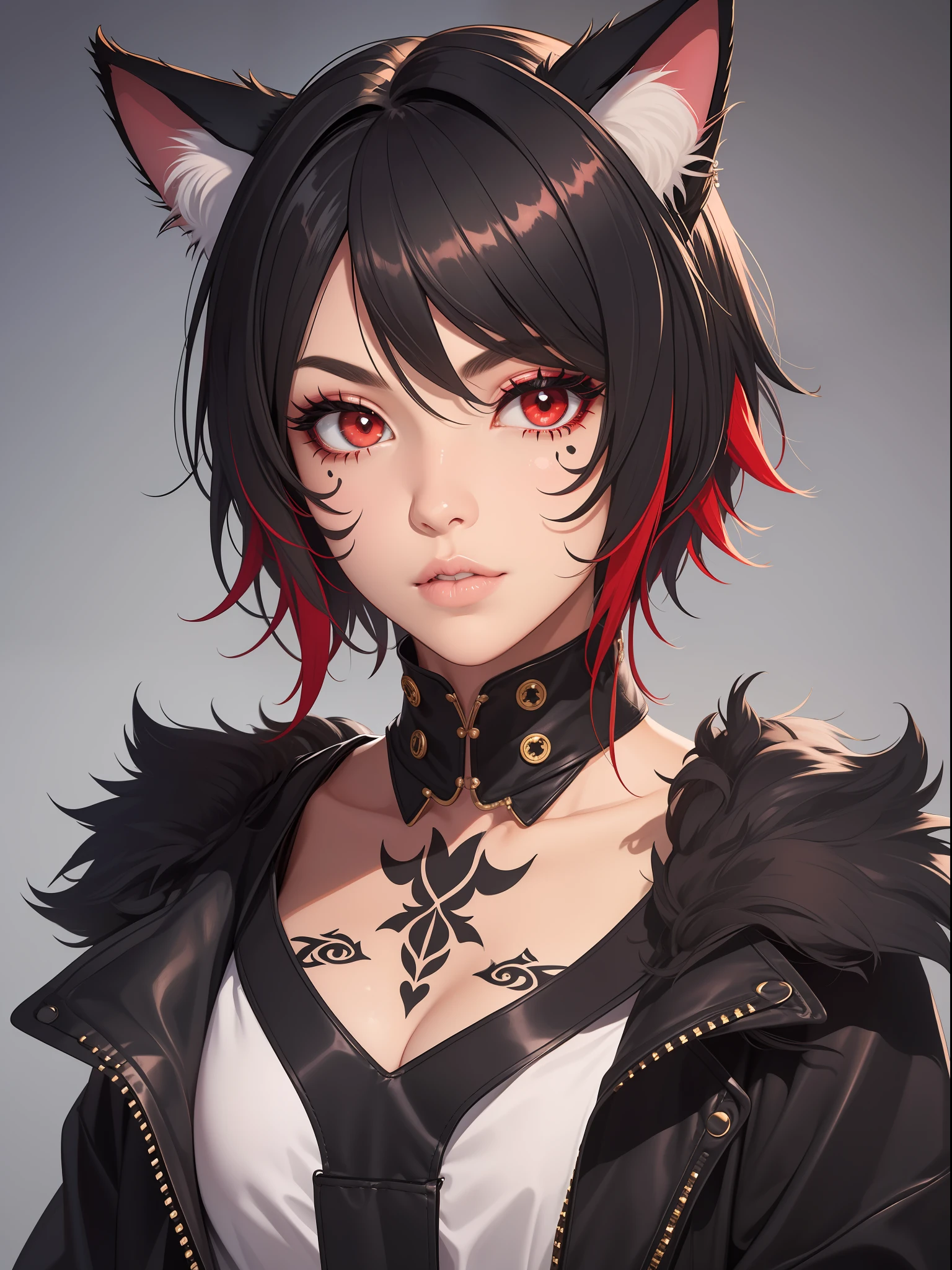 1girl, black hair, cat ears, animal ears, animal ear fluff, emo punk style, makeup, dark skin, facial mark, hair between eyes,lips, looking at viewer,neck tattoo, parted lips, red eyes, red hair, short hair, slit pupils, solo,