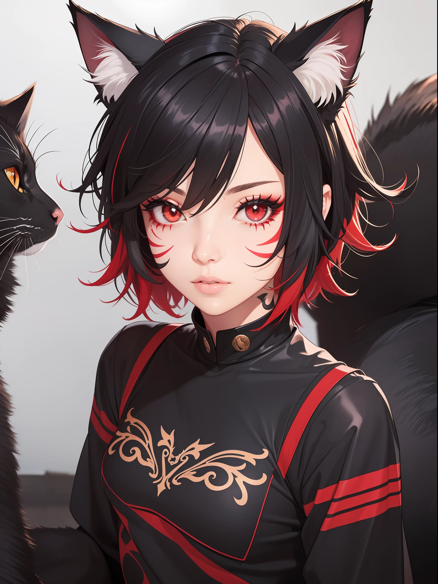 1girl, black hair, cat ears, animal ears, animal ear fluff, emo punk style, makeup, dark skin, facial mark, hair between eyes,lips, looking at viewer,neck tattoo, parted lips, red eyes, red hair, short hair, slit pupils, solo,