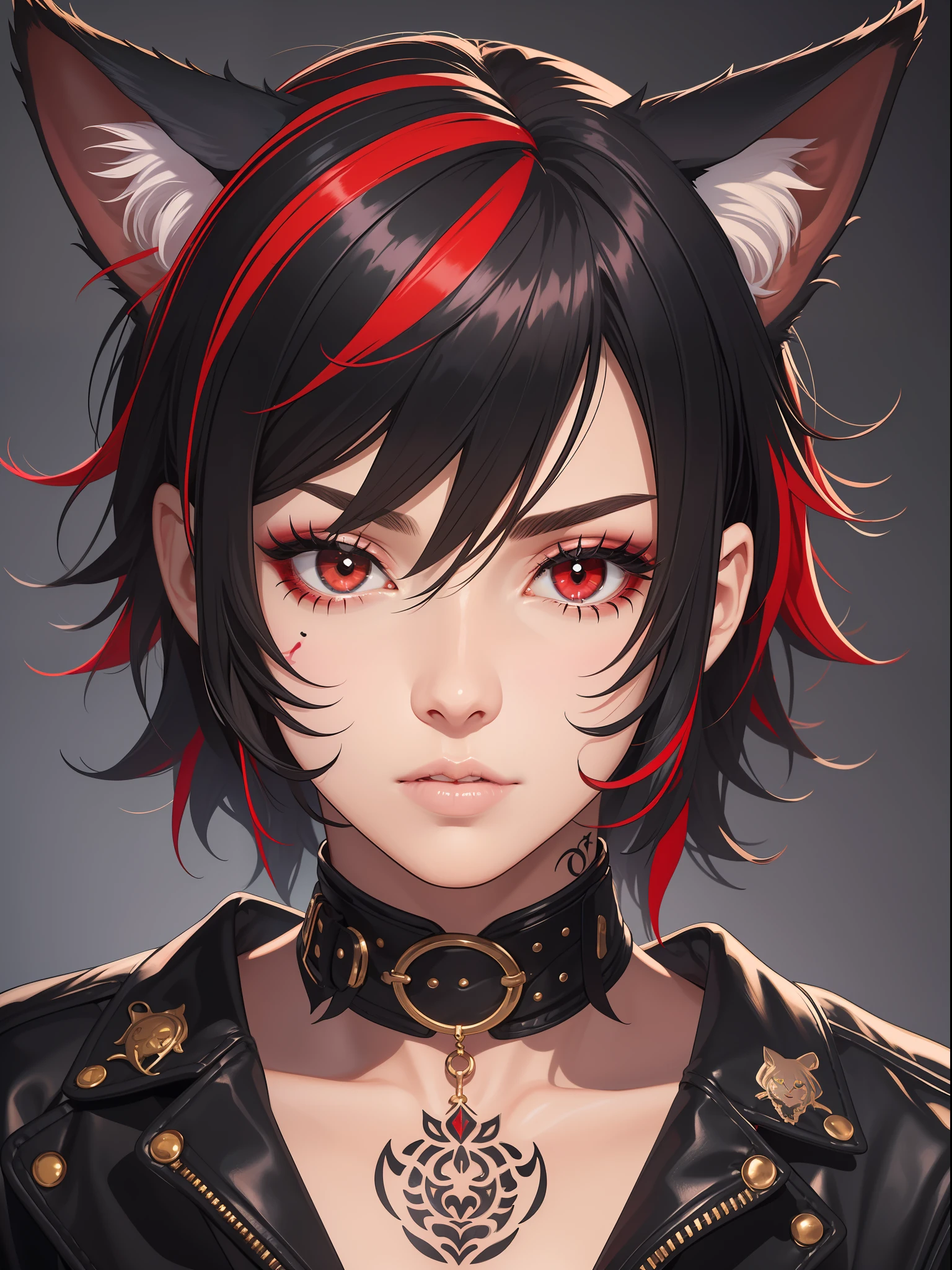 1girl, black hair, cat ears, animal ears, animal ear fluff, emo punk style, makeup, dark skin, facial mark, hair between eyes,lips, looking at viewer, male focus, neck tattoo, parted lips, red eyes, red hair, short hair, slit pupils, solo,