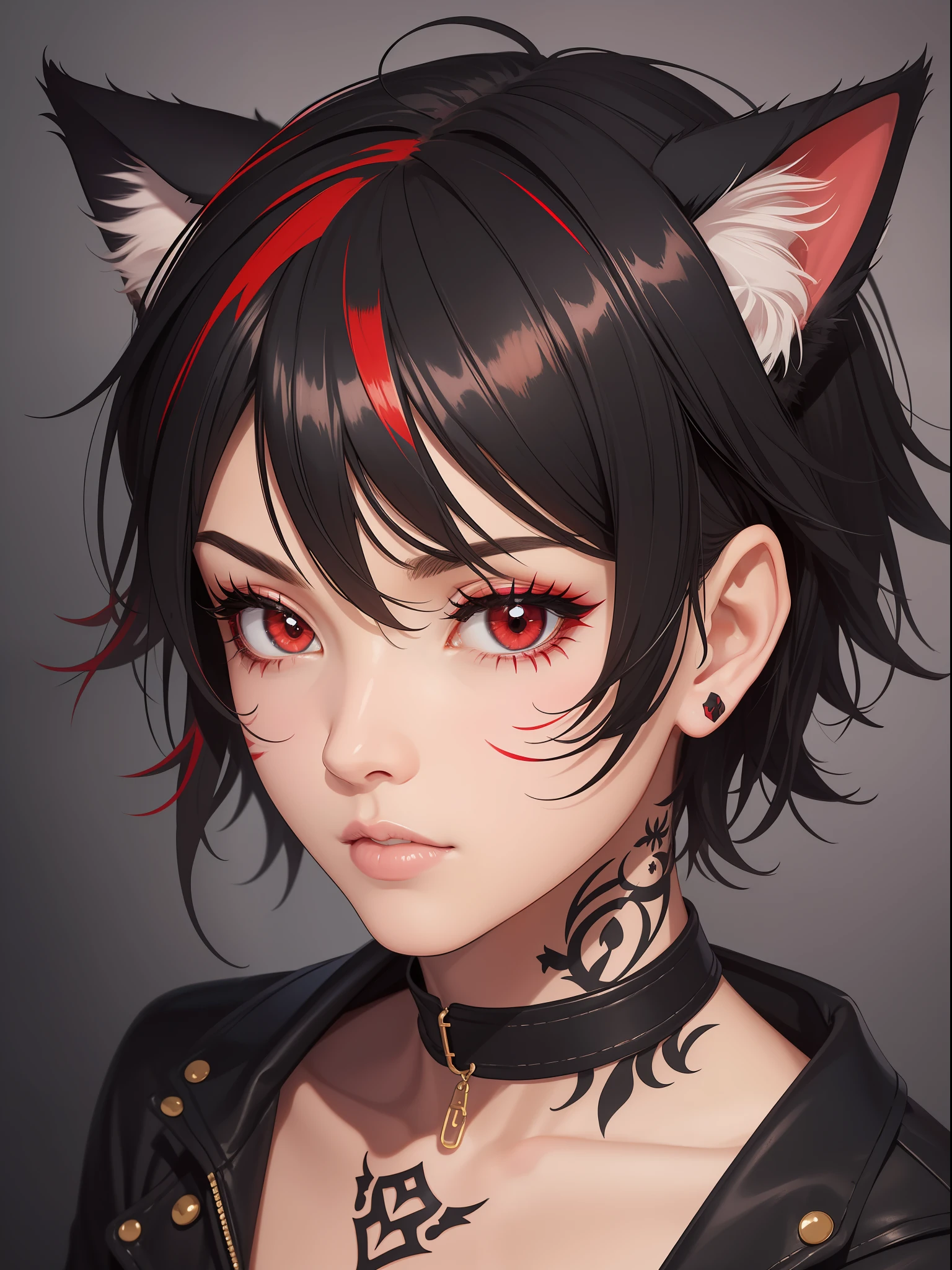 1girl, black hair, cat ears, animal ears, animal ear fluff, emo punk style, makeup, dark skin, facial mark, hair between eyes,lips, looking at viewer, male focus, neck tattoo, parted lips, red eyes, red hair, short hair, slit pupils, solo,