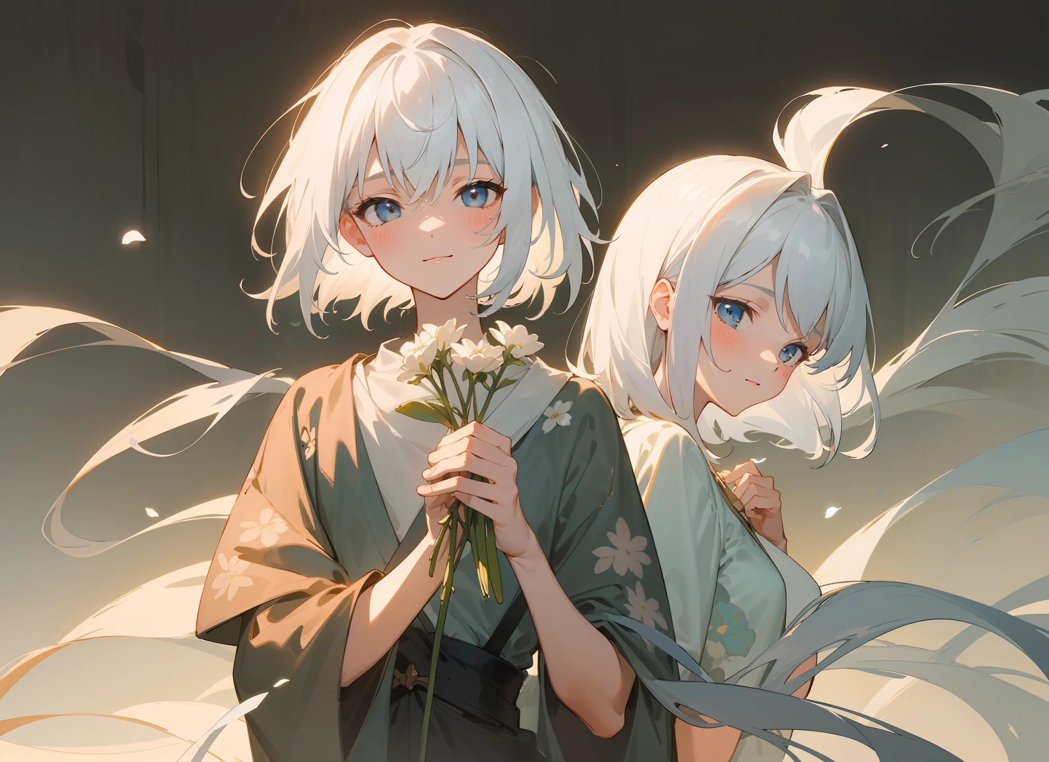 styled， masterpaintings， optimal quality， Special details， illustration，Sweet interaction，Tuuli，florals，Correct proportions，Lover holding flowers，Atmosphere of love，Fresh tones，Simple background，Girls have long white hair，The boy has short white hair，