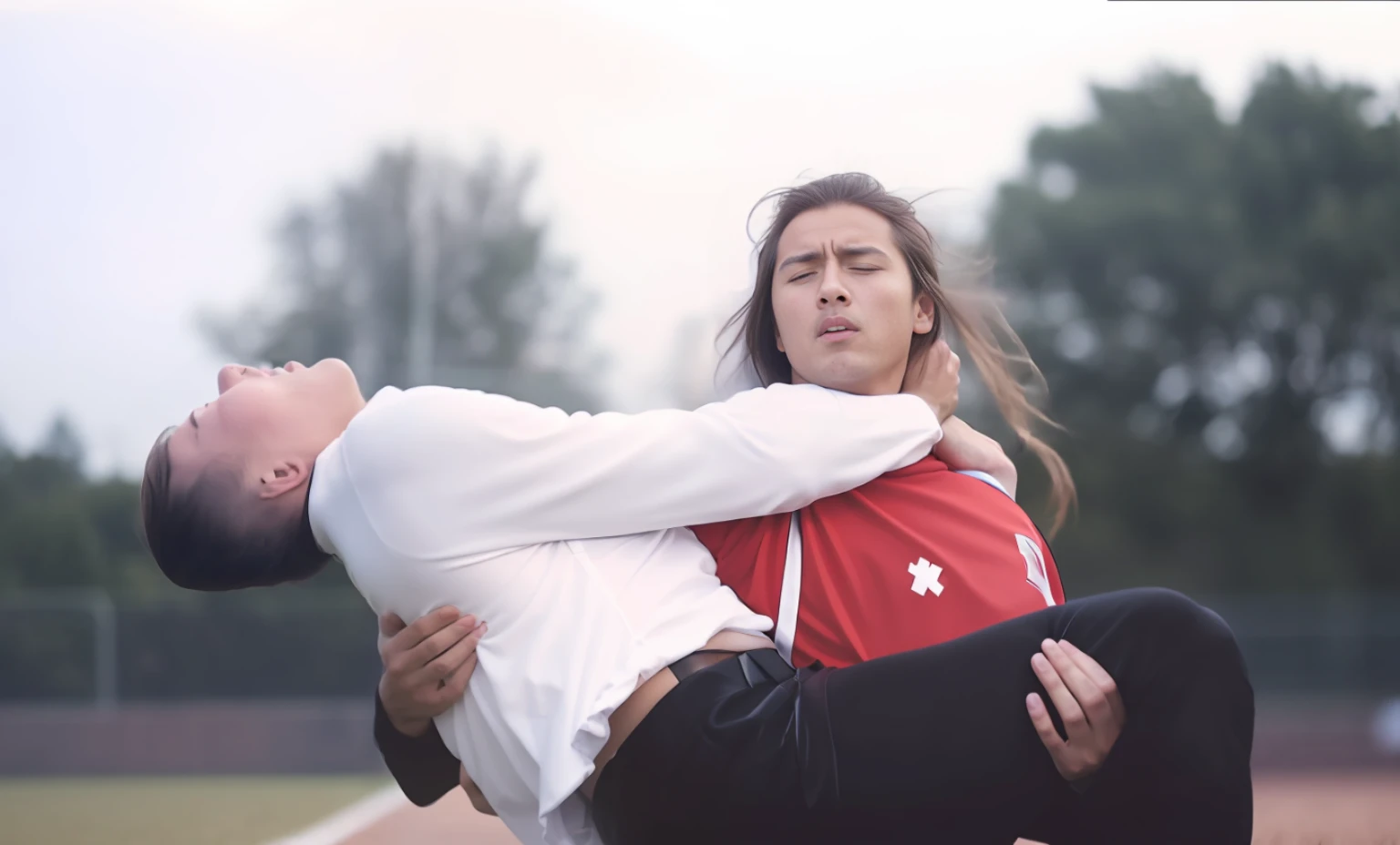 soccer action pose, cradle-carry-pose, first-aid in a sports stadium, affection pose, lecherous action pose, dramatic action pose, theatralic pose, there is a attractive woman that is carrying a wounded athlete, there is a beautiful woman in a shiny black outfit who is carrying a shorthaired young man in her arms, a longhaired beautiful woman in a high-shine black catsuit, a longhaired woman in a shiny black dress, a woman is carrying a shorthaired man who is wearing a sports outfitt, a weak man in sports shorts is consciousless and needs to be carried, a shorthaired man with closed eyes is carried piggyback by a longhaired woman, a woman looks very scared and terrified, a consciousless man with closed eyes is suffering very much and has a very painful face, photo, photo shoot, photographed , accident, help, aid, first aid, pity