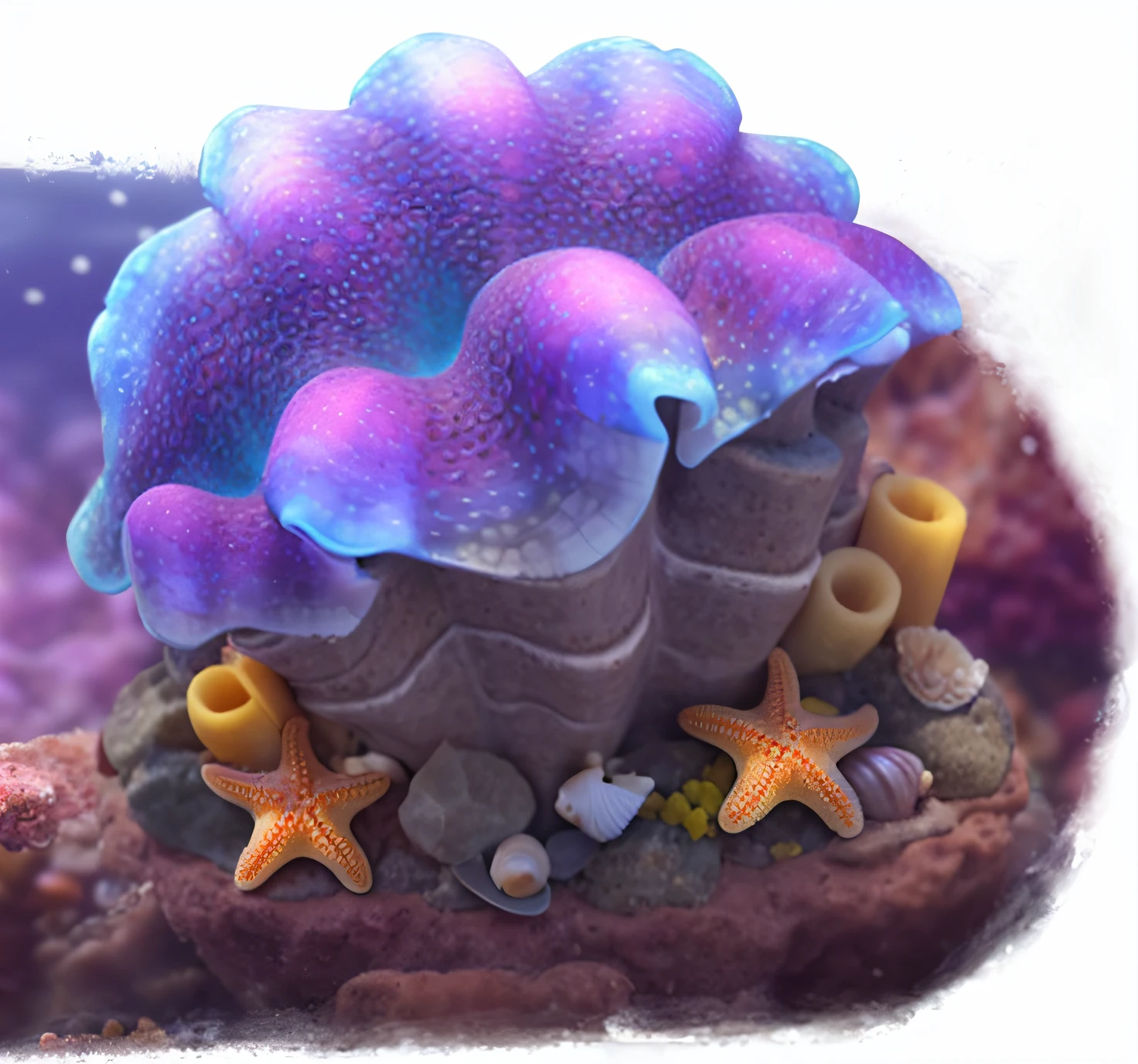 Purple plants,starfish,sea shell,Yellow sponge